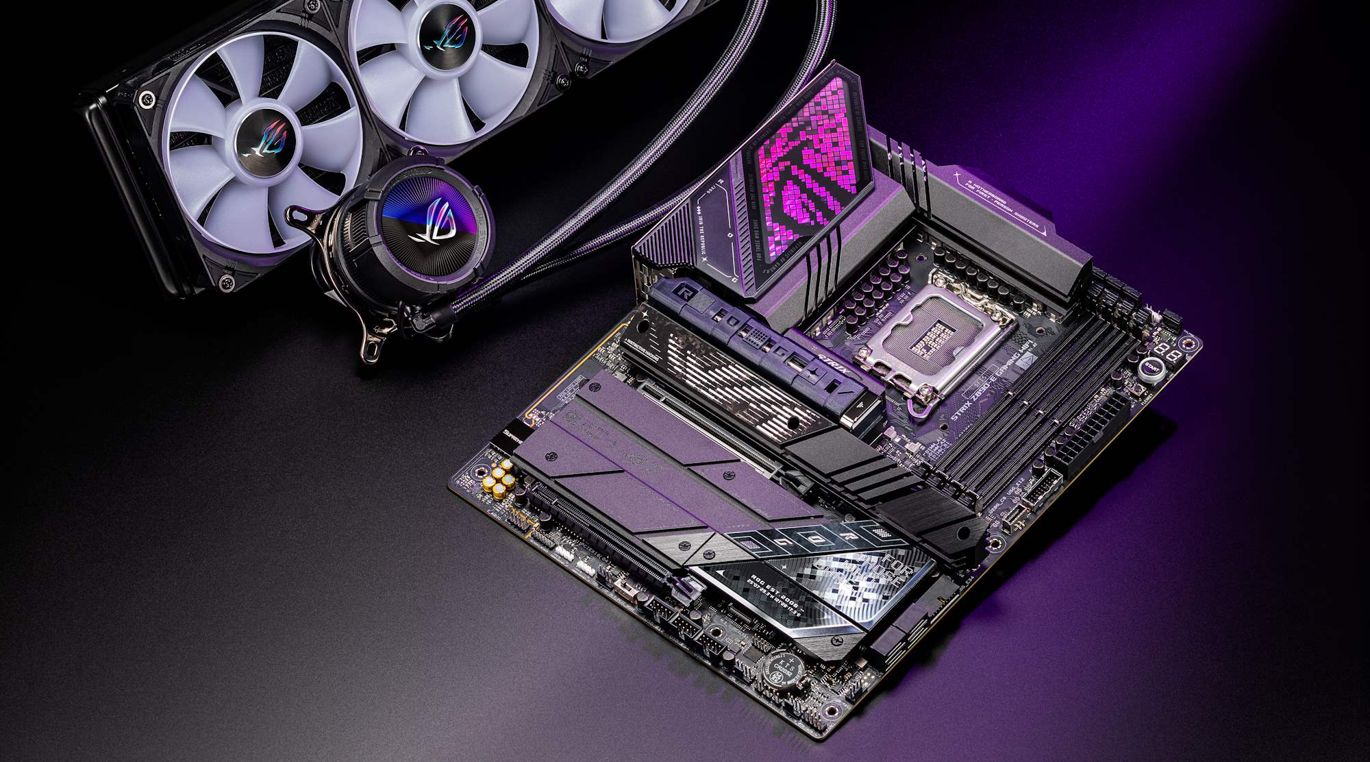 Ein liegendes ROG Z890 Mainboard mit ROG AIO Wasserkühlung
