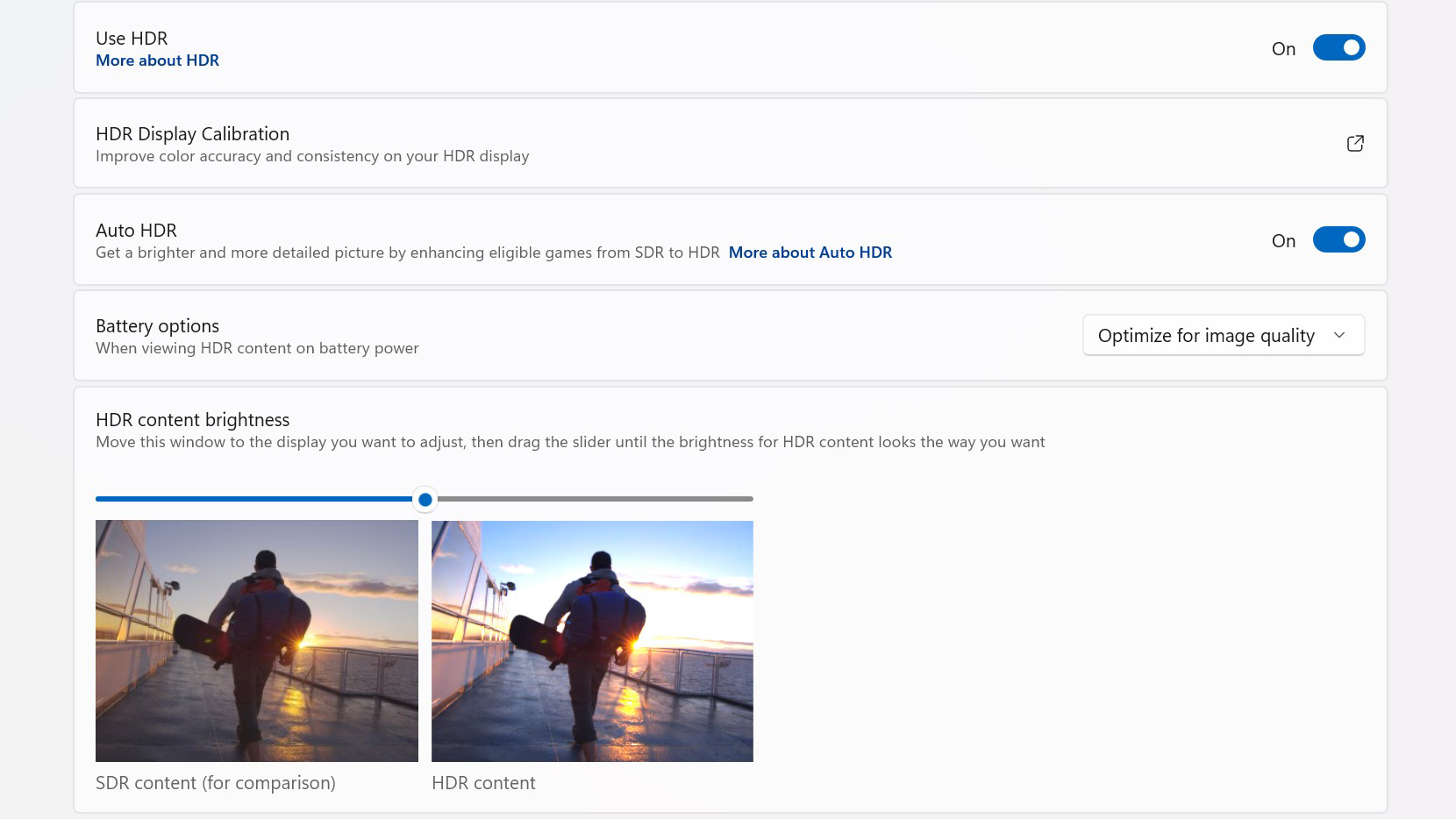 A screenshot of the Windows HDR settings, with HDR turned on.