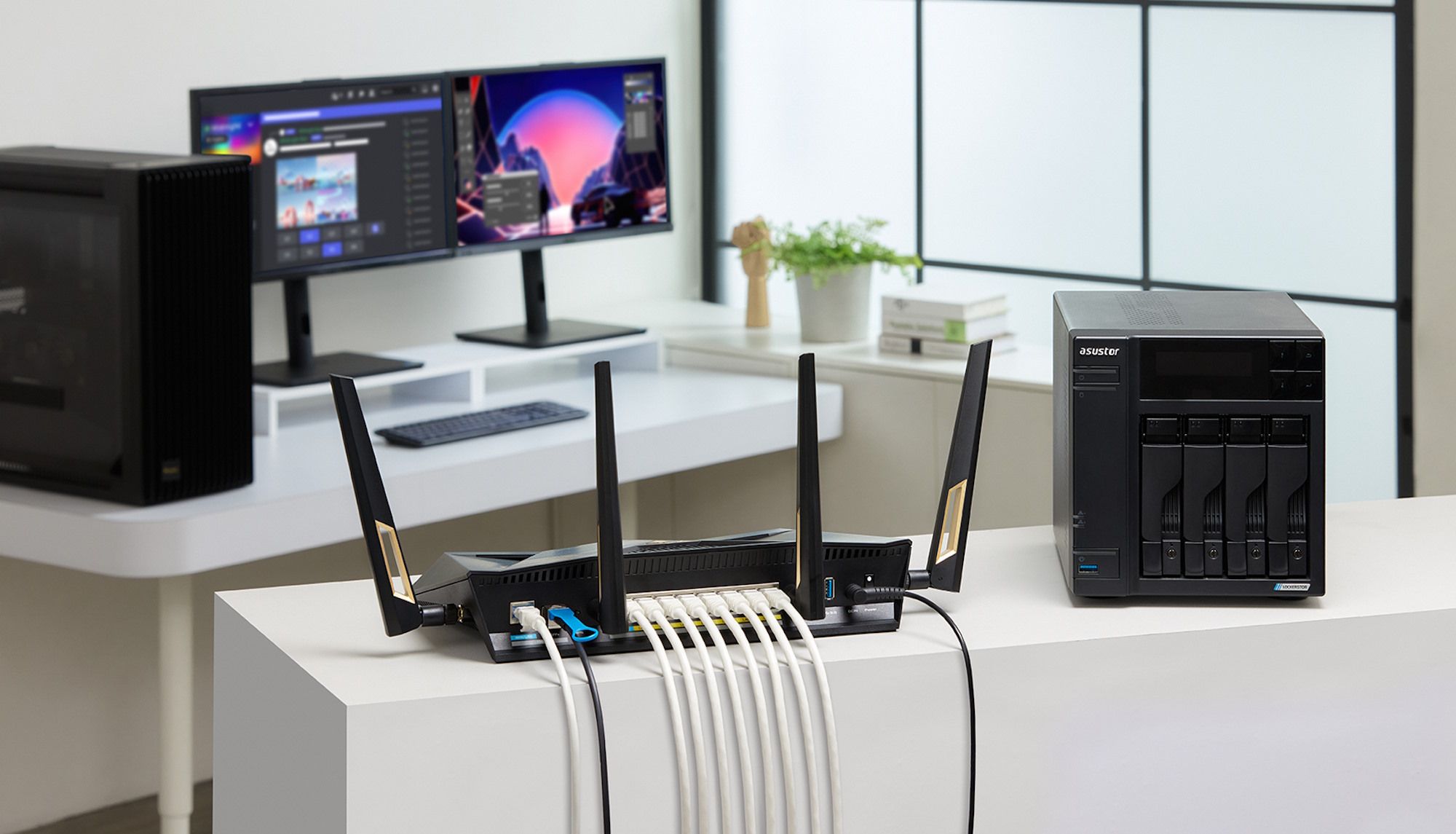 The ASUS RT-BE88U wireless router in a home office
