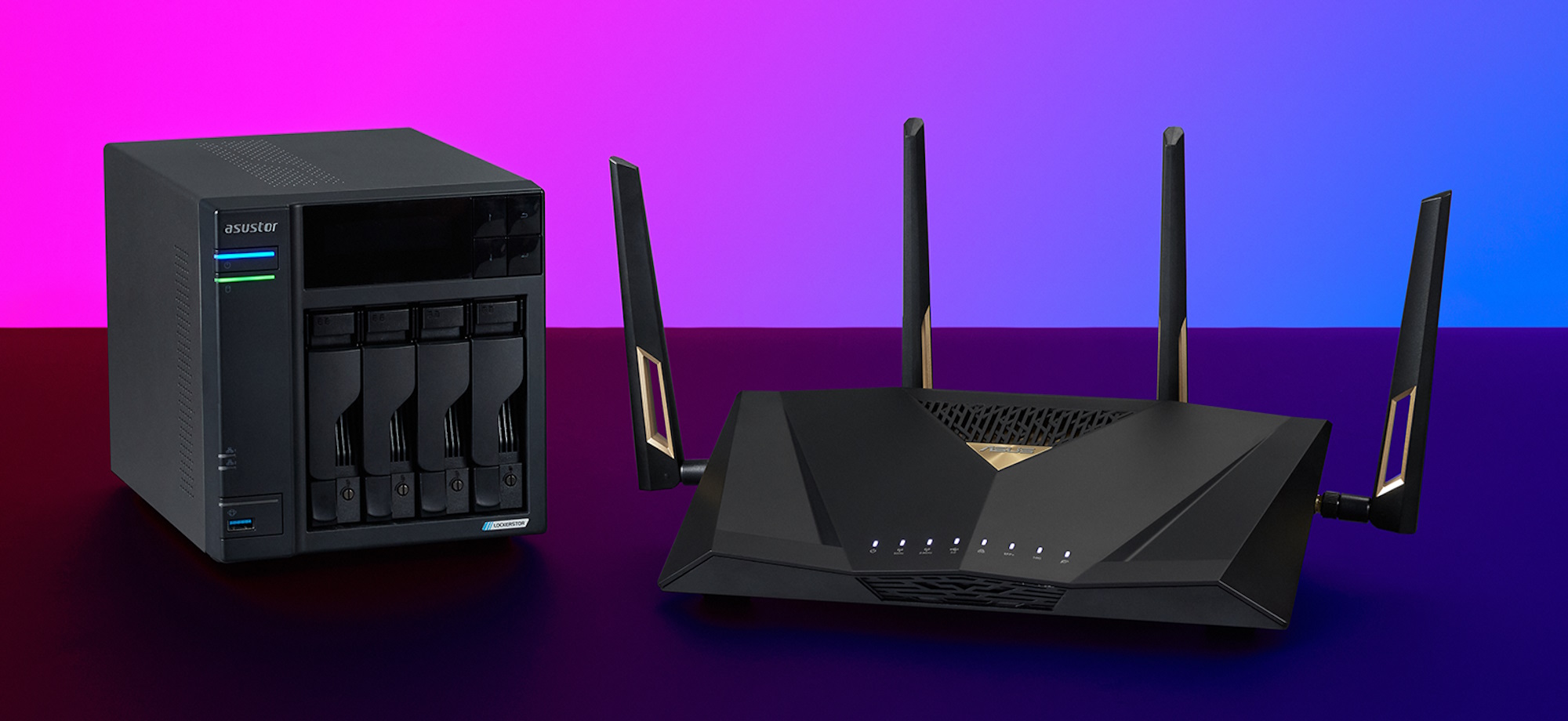 The ASUS RT-BE88U gaming router next to an ASUSTOR storage device