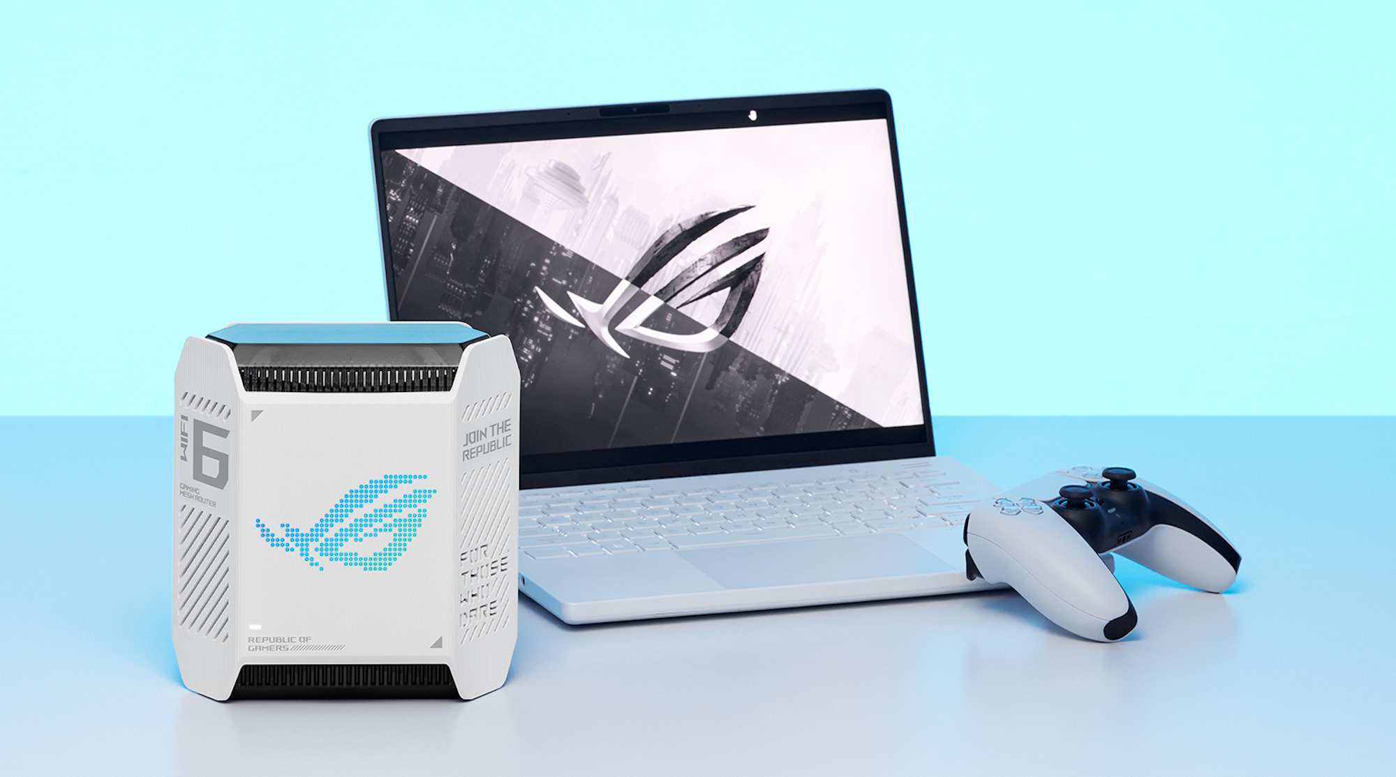 The ROG Rapture GT6 gaming router with an ROG laptop and a gaming controller