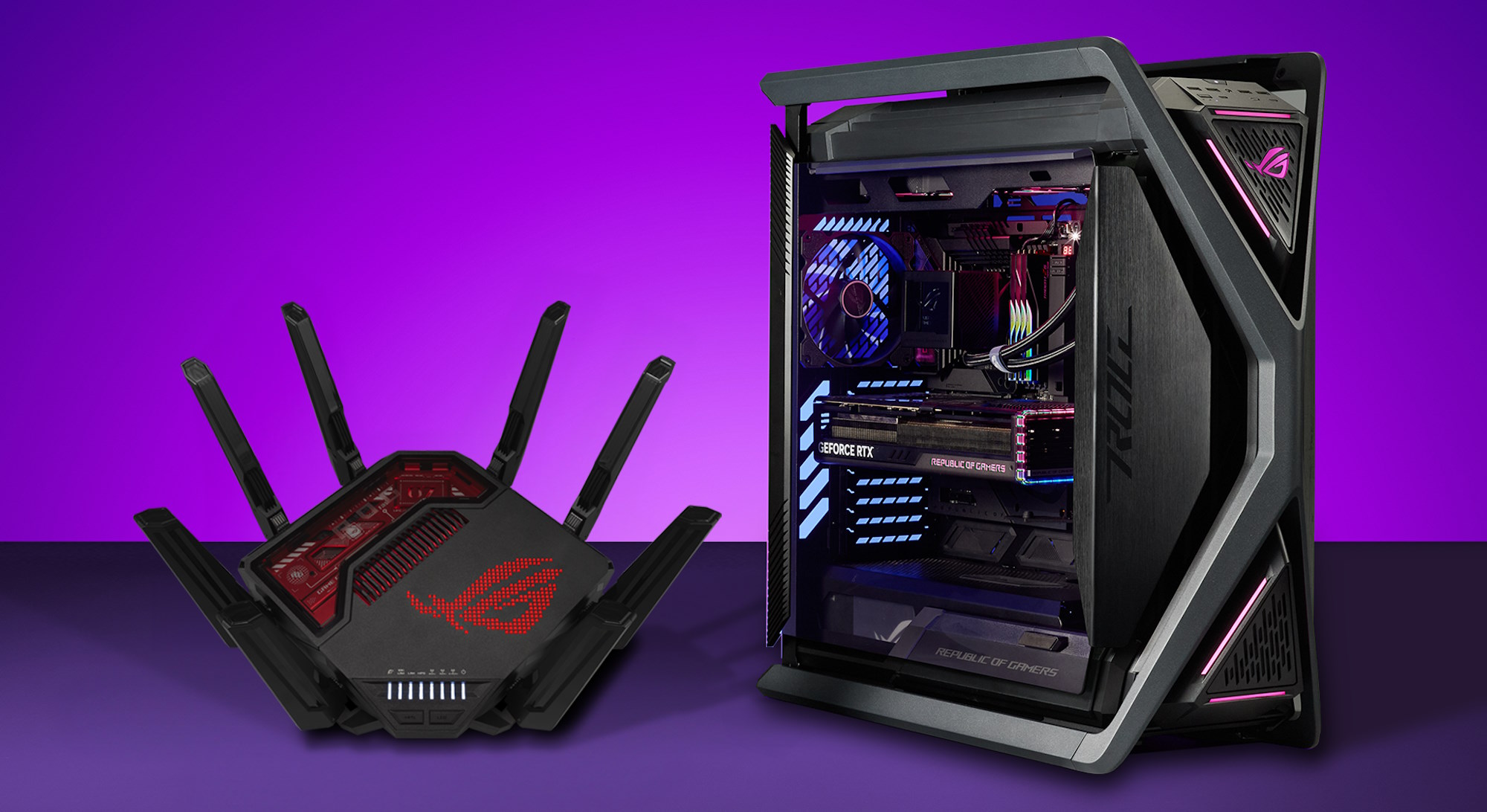 The ROG Rapture GT-BE19000 next to a custom-built ROG desktop PC