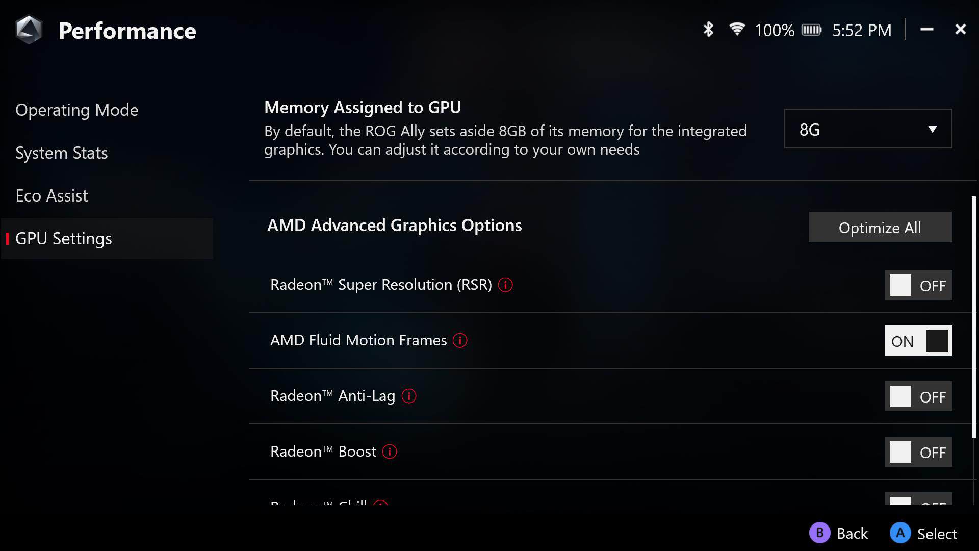 Armoury Crate SE's GPU Settings, with AFMF turned on.