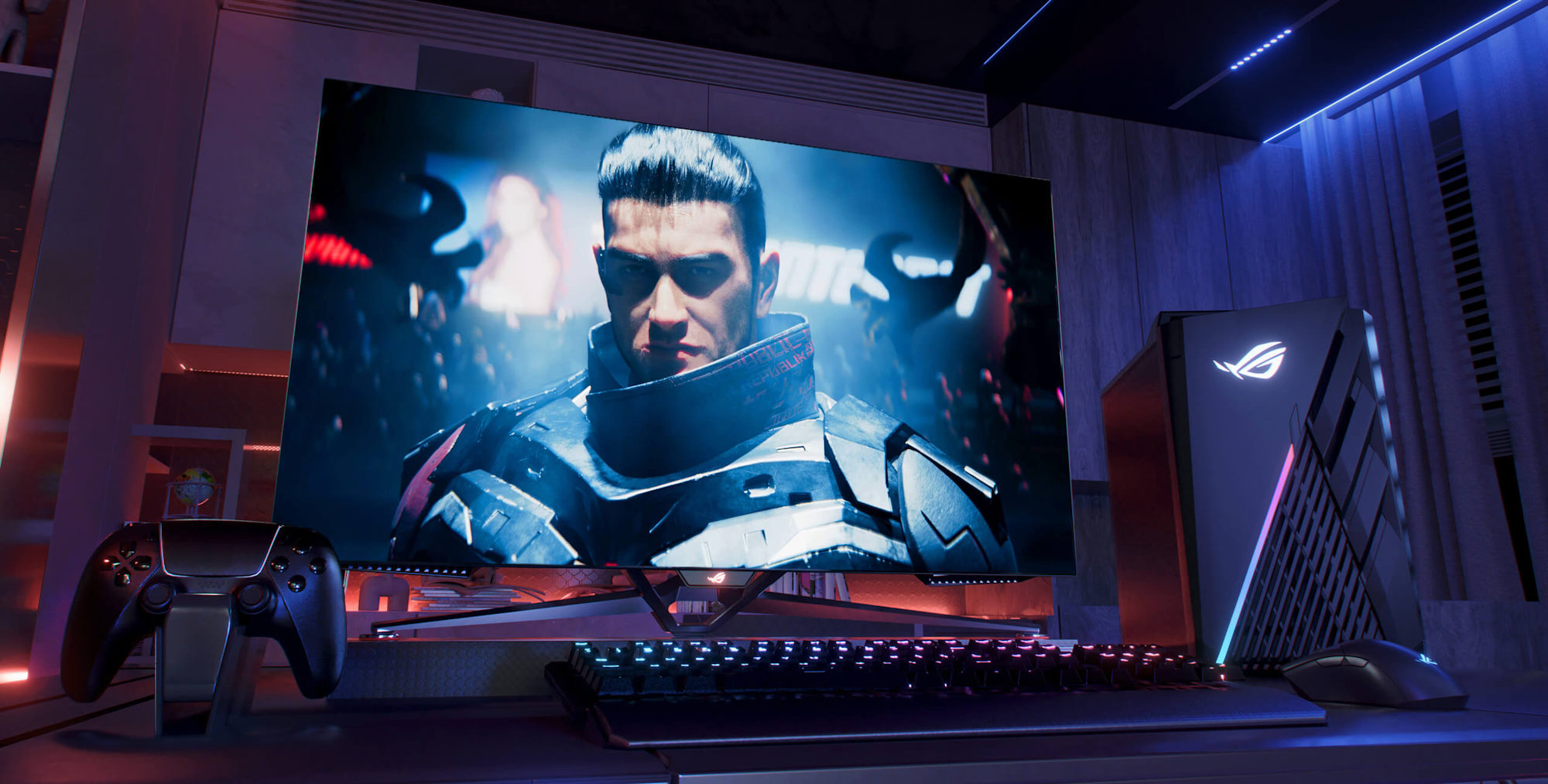 Der ROG Swift OLED PG42UQ in einem Wohnzimmer mit Gamepad und Peripherie