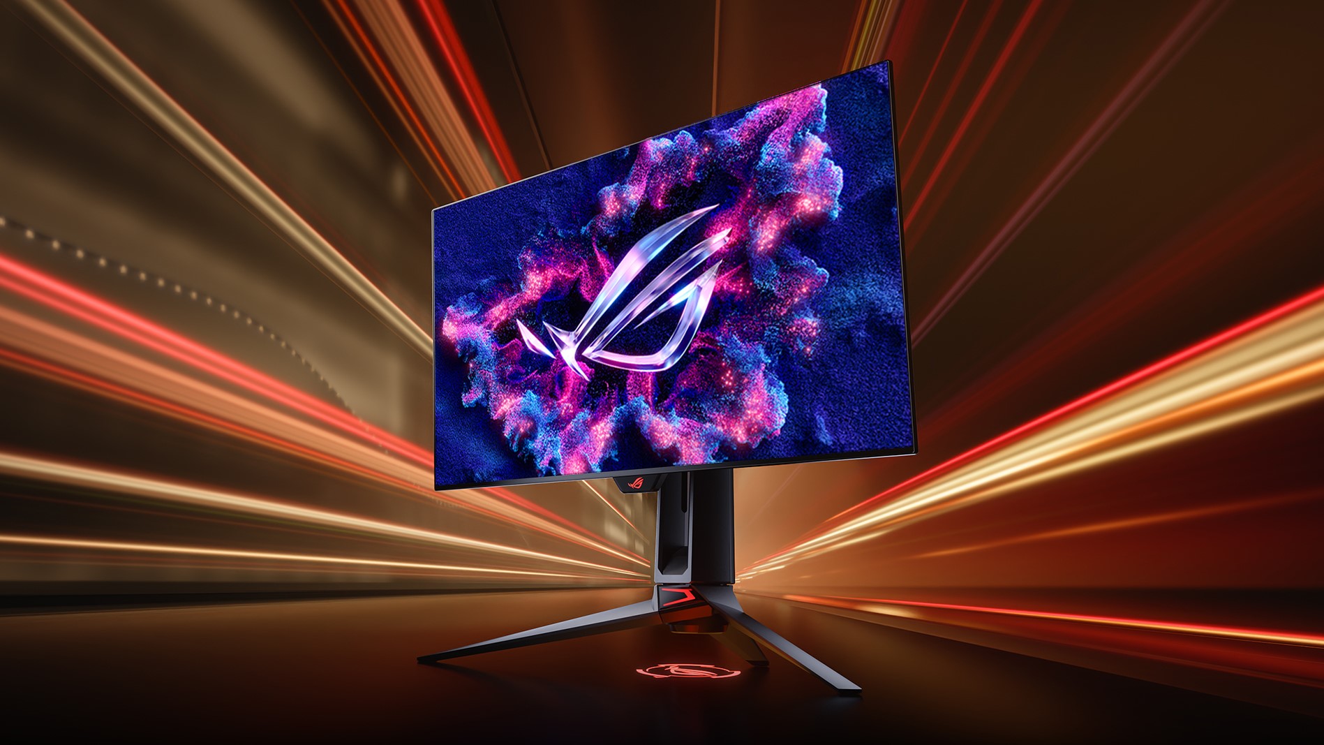 Ein ROG Swift OLED PG27aqdp vor Lichtern, die rasend schnell vorbeifliegen