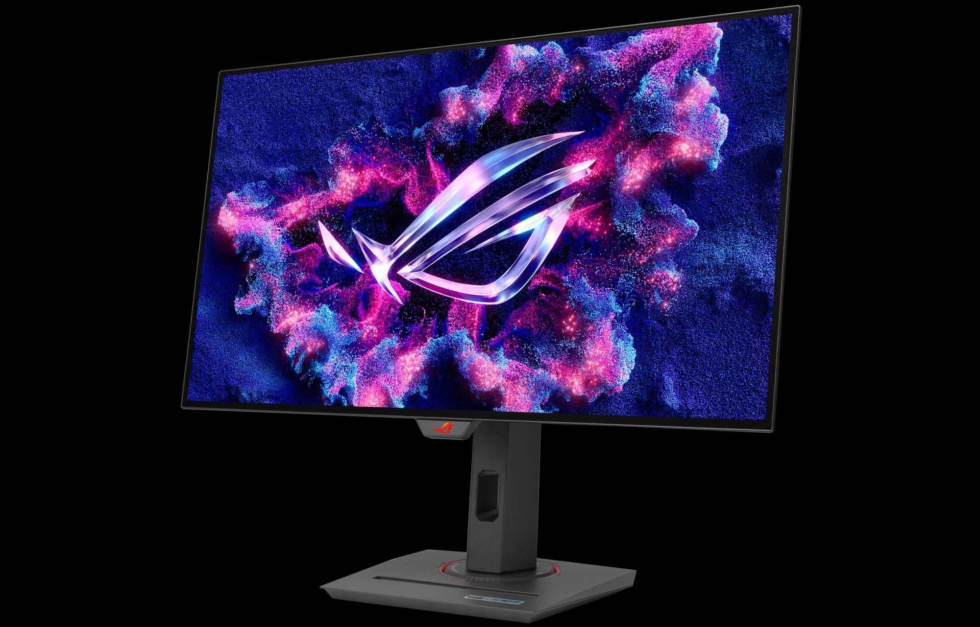 The ROG Strix OLED XG27AQDPG from a front-angle view