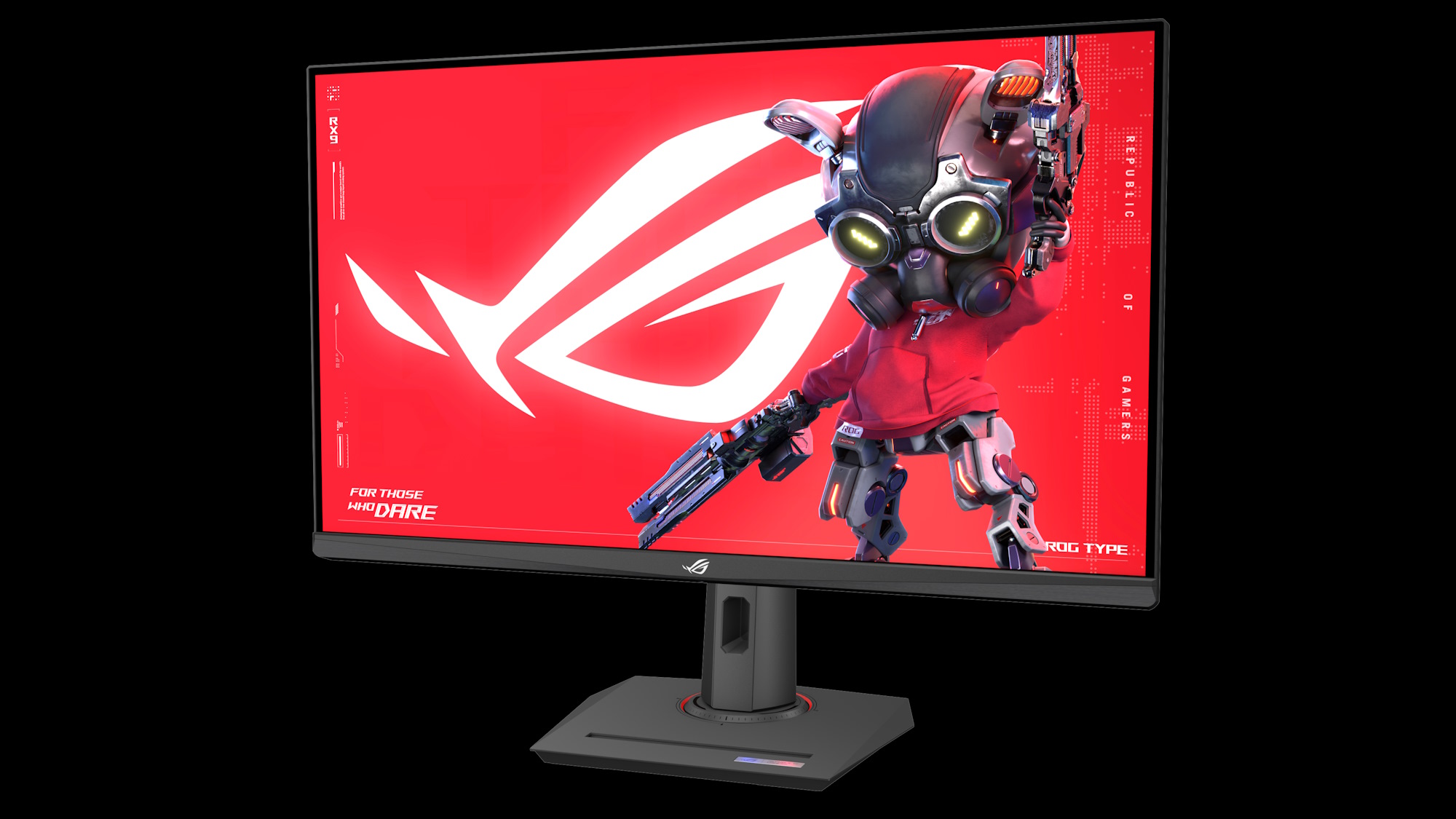 The ROG Strix XG32UCG from a front-angle view
