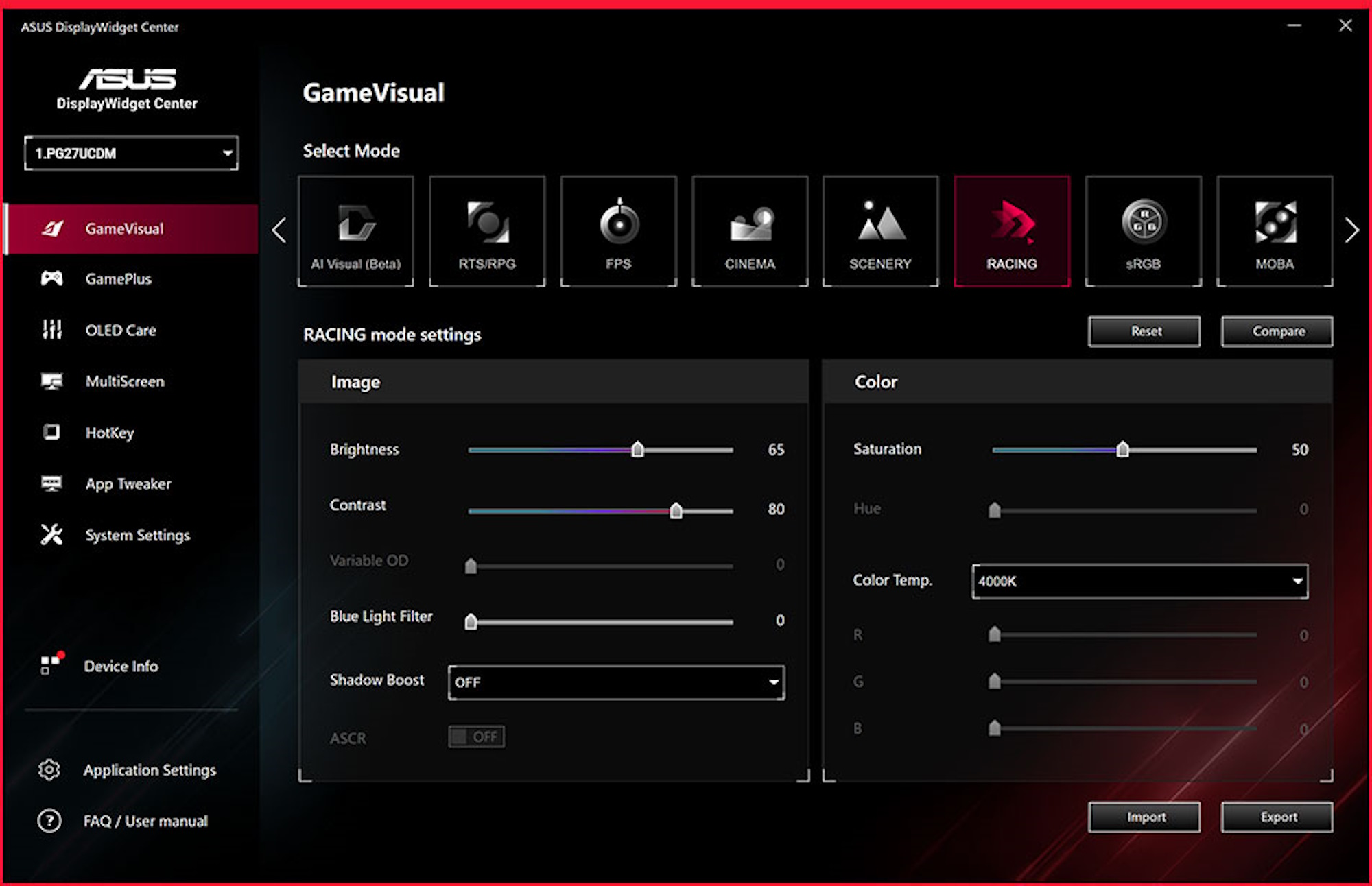A screenshot showing settings available inside ASUS DisplayWidget Center