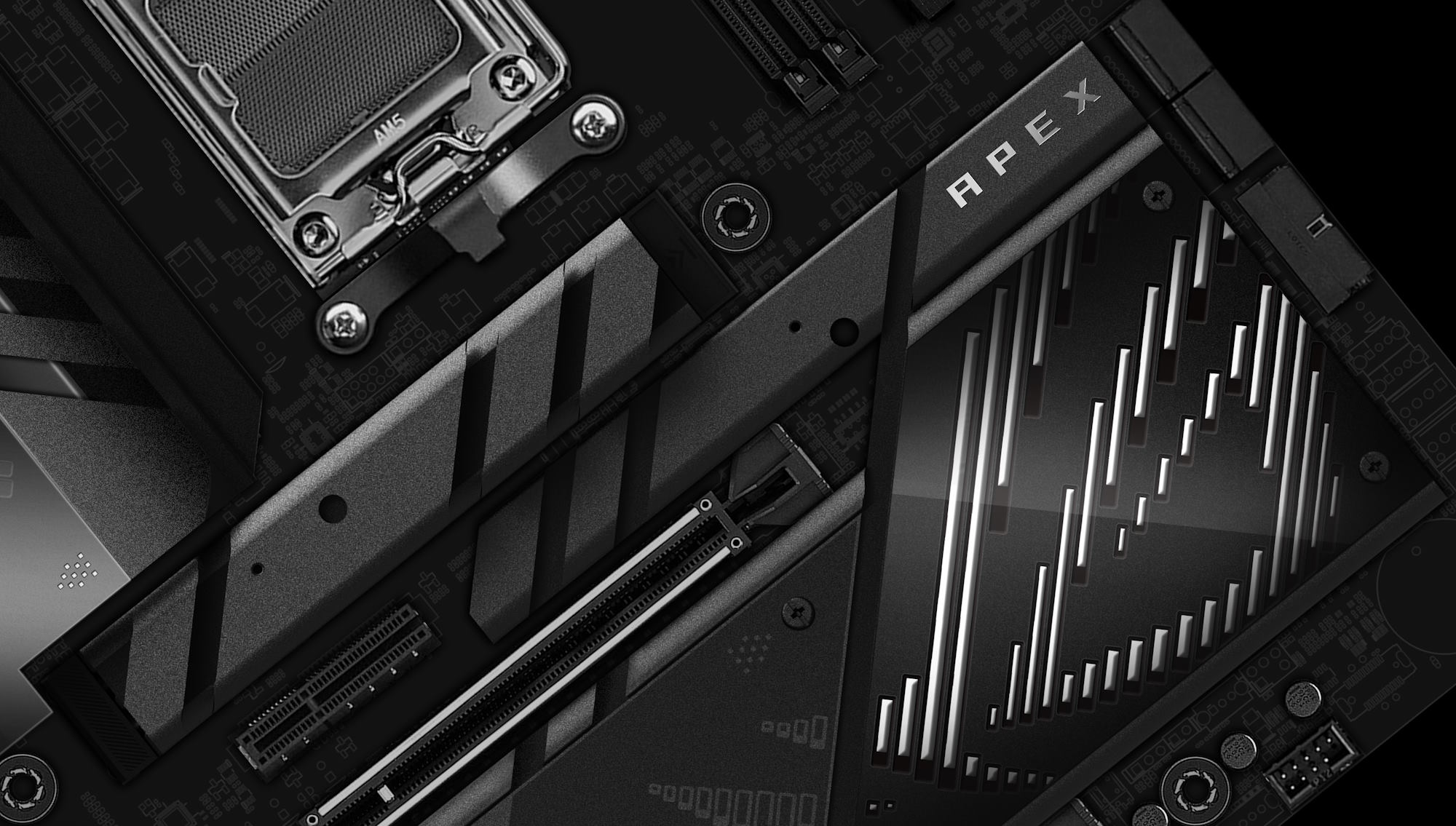 A closeup view of the chipset heatsink on the ROG Crosshair X870E Apex gaming motherboard