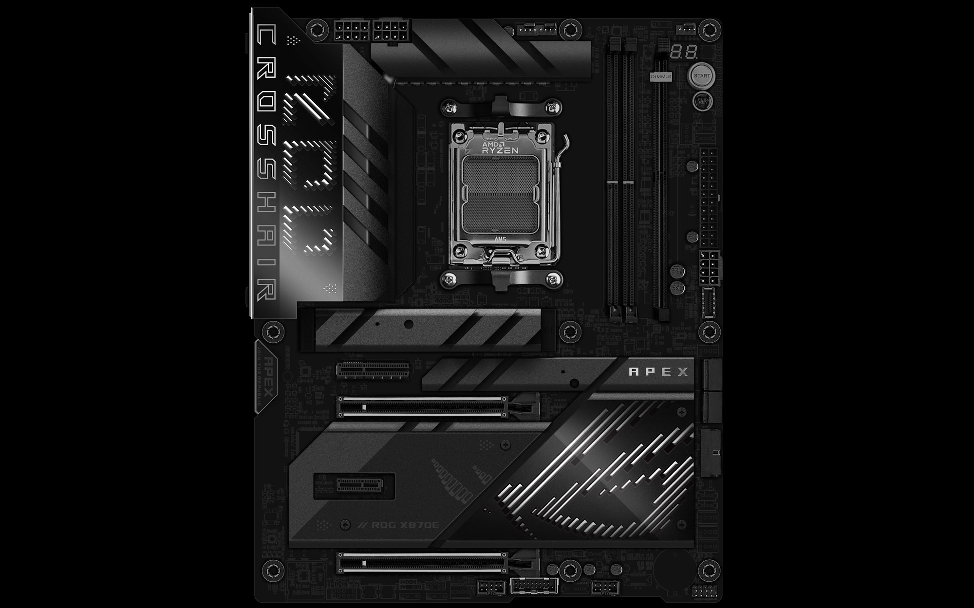 A front view of the ROG Crosshair X870E Apex motherboard