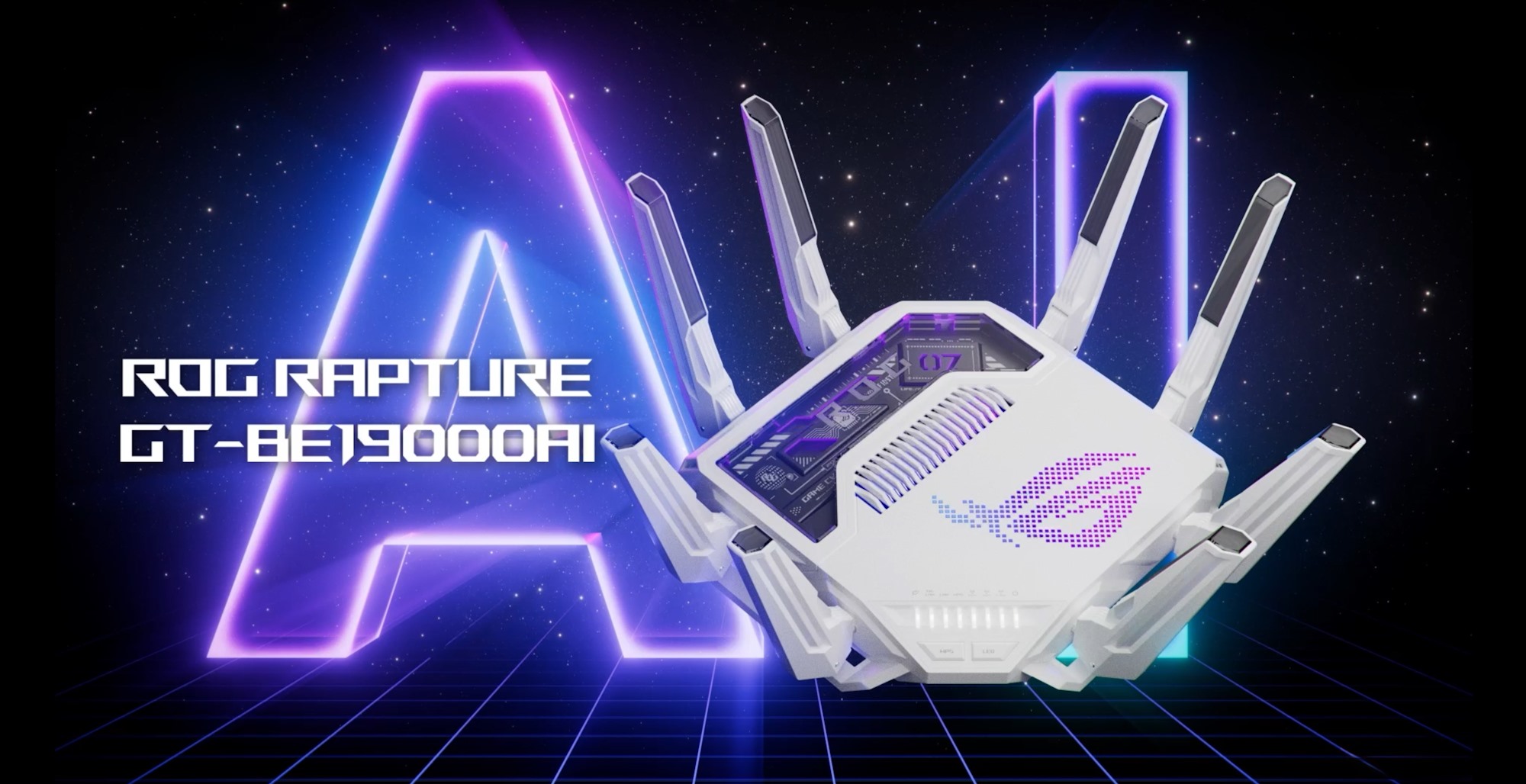 A full view of the ROG Rapture GT-BE19000AI gaming router against a stylized background containing the letters AI