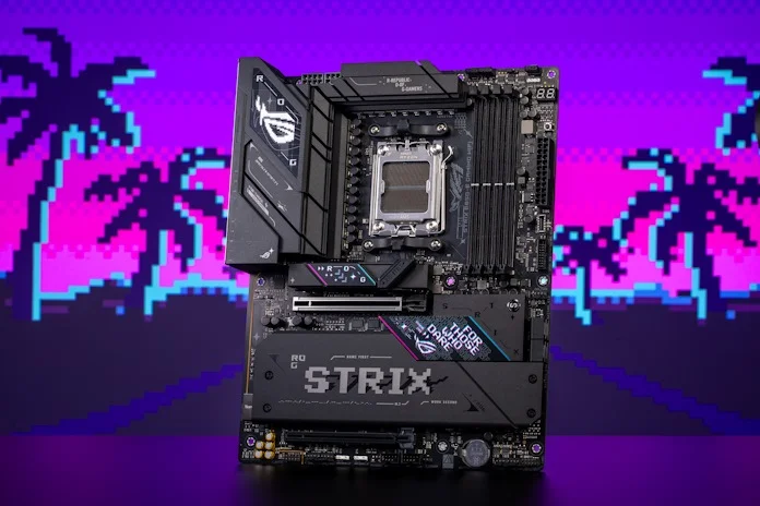 Das ROG-Strix-B850-E vor 8-Bit-Palmen im Retro-Look
