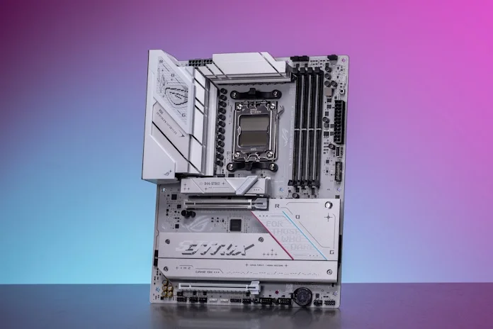 Das ROG-Strix-B850-A vor einem blau-Lila Hintergrund