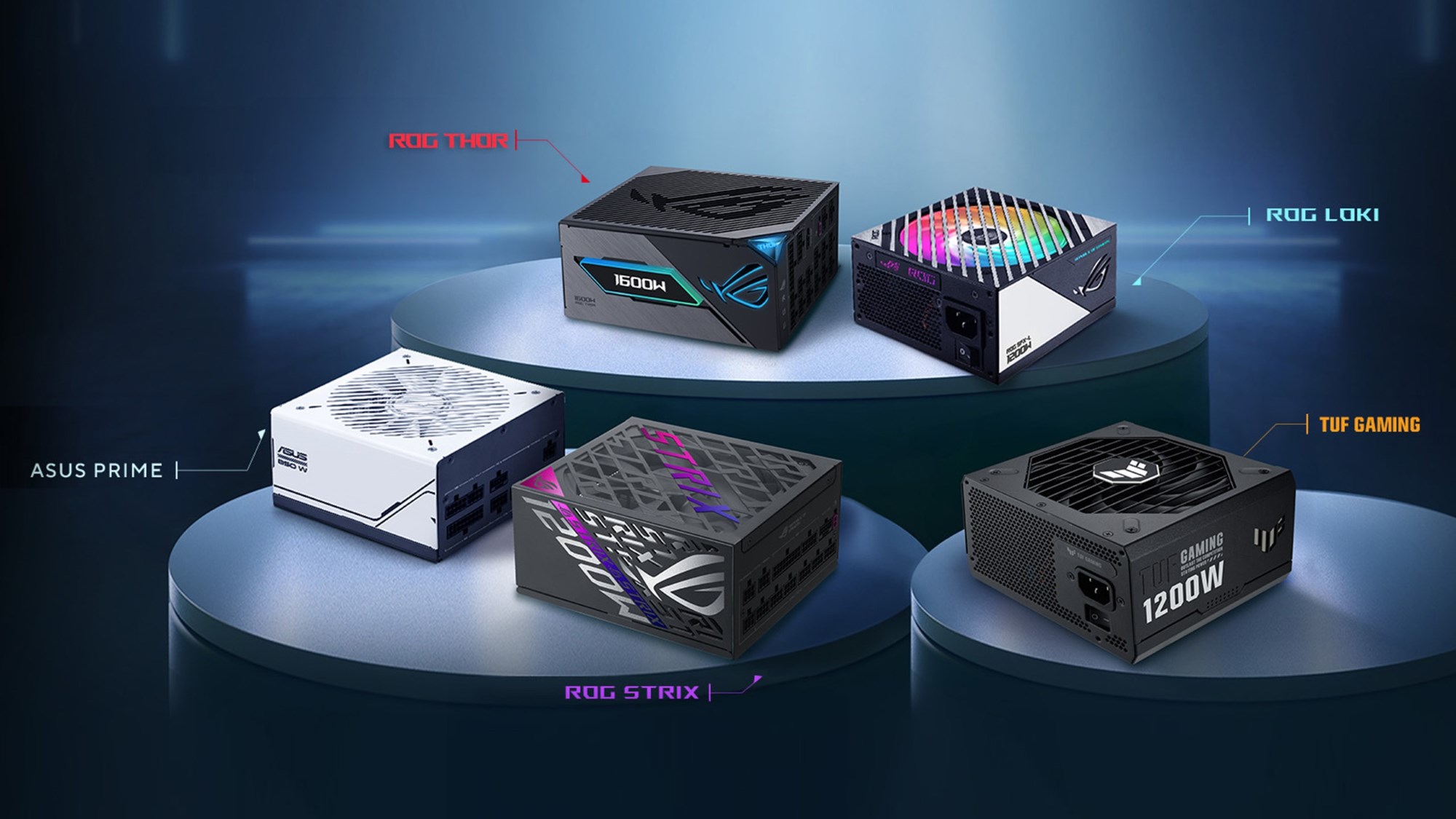 Four ROG power supplies sitting on a pedestal on a black background.