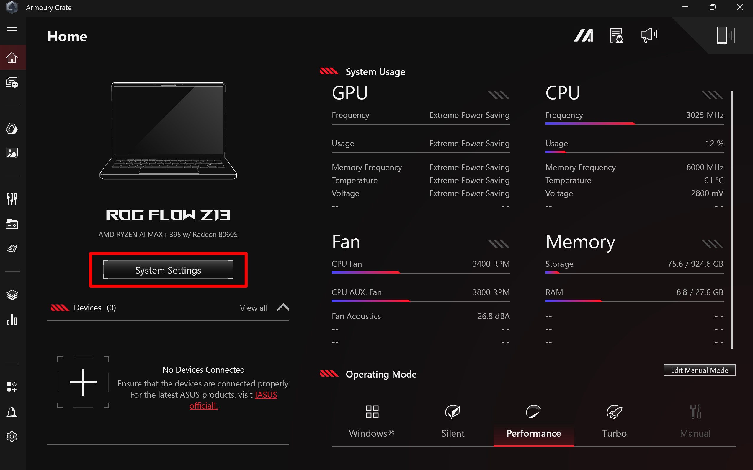 The Armoury Crate home page for the Flow Z13, with the System Settings button highlighted.