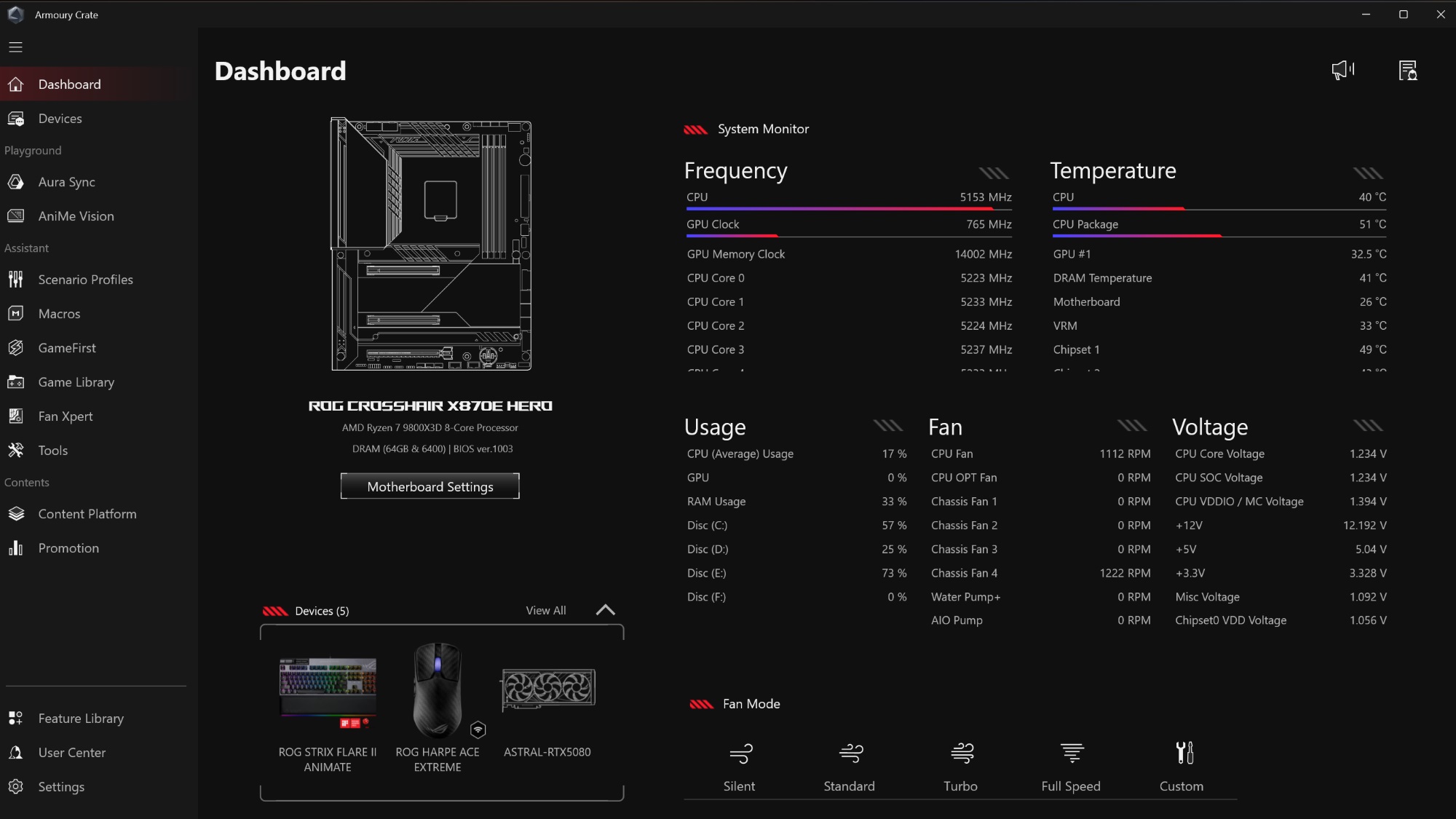 The new Armoury Crate version 6 homepage, showing an ROG Crosshair motherboard's specs and system status.
