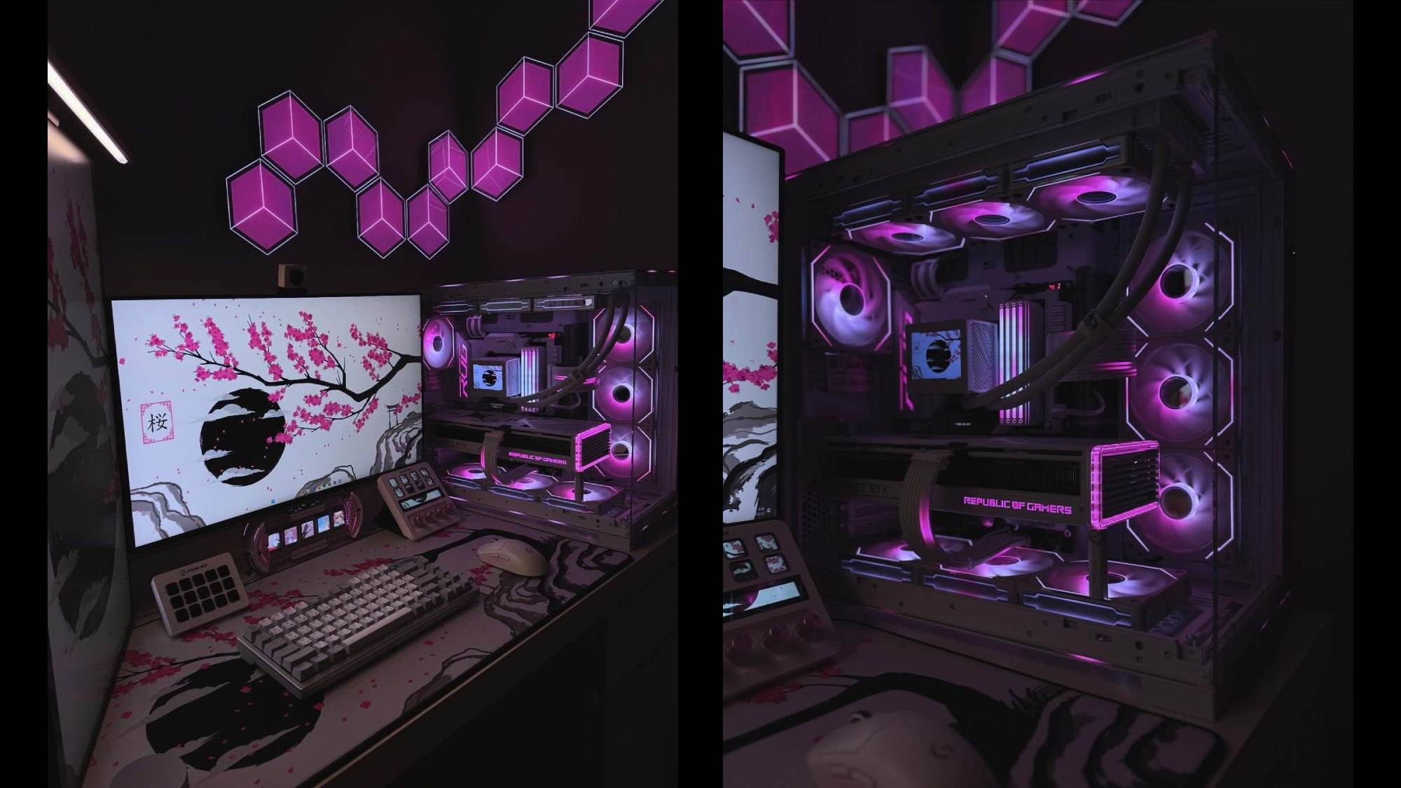 A white desktop PC with pink RGB alongside a monitor with a white screen and visible cherry blossom designs.