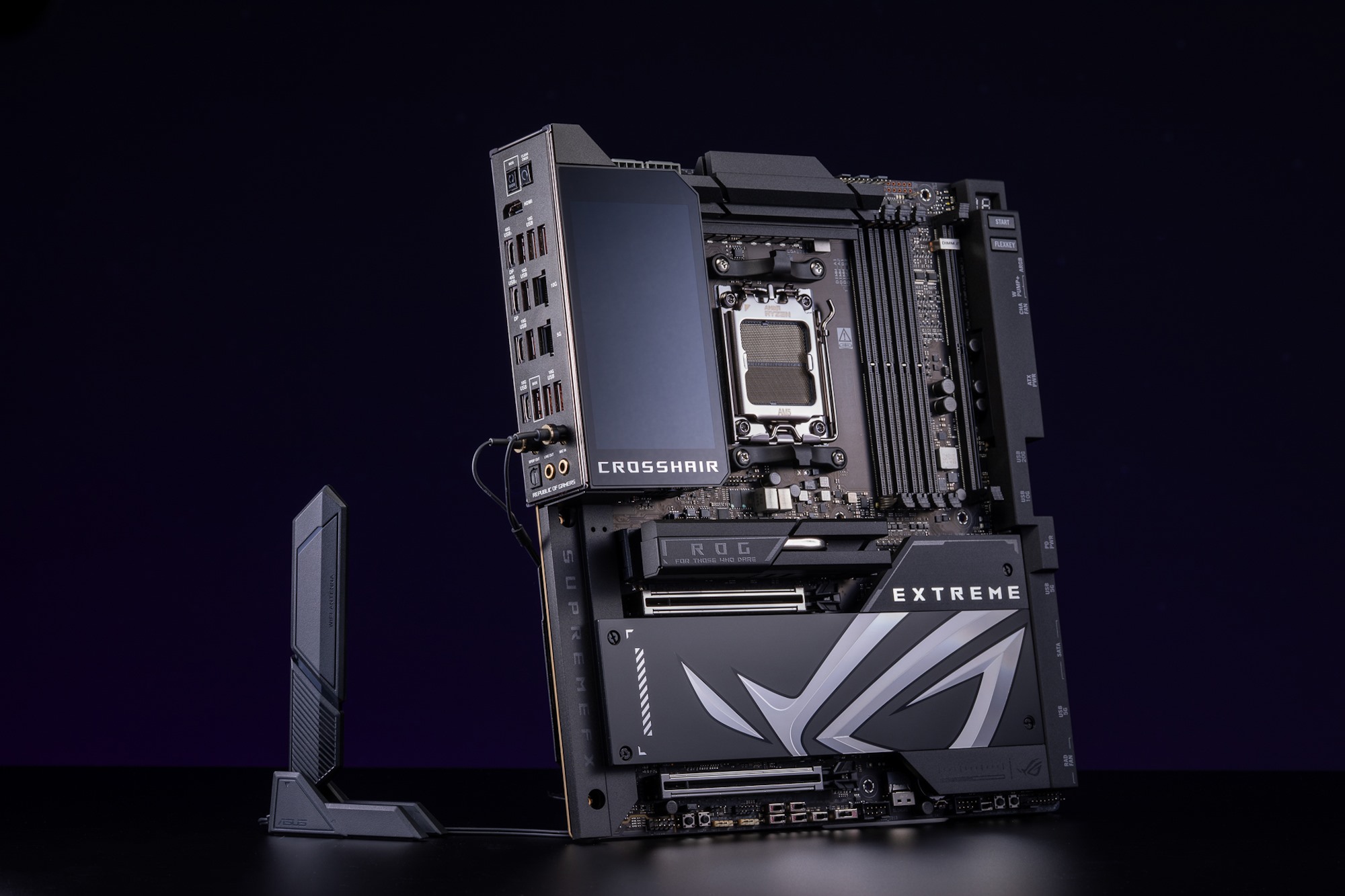 The ROG Crosshair X870E Extreme motherboard with the ASUS WiFi Q-Antenna attached