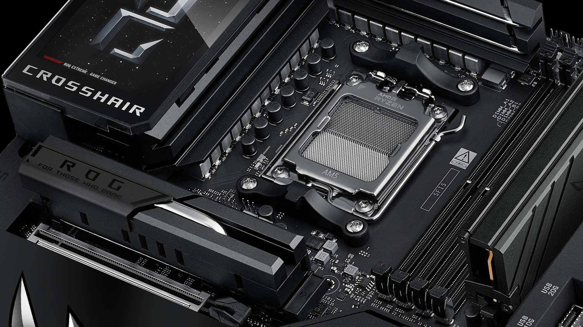 A closeup view of the CPU socket of the ROG Crosshair X870E Extreme motherboard