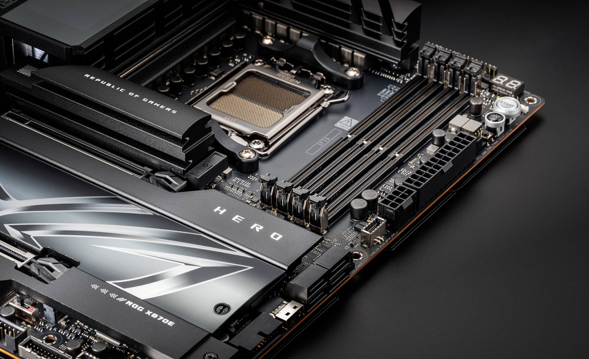 A closeup view of the CPU socket and DRAM slots of the ROG Crosshair X870E Hero motherboard
