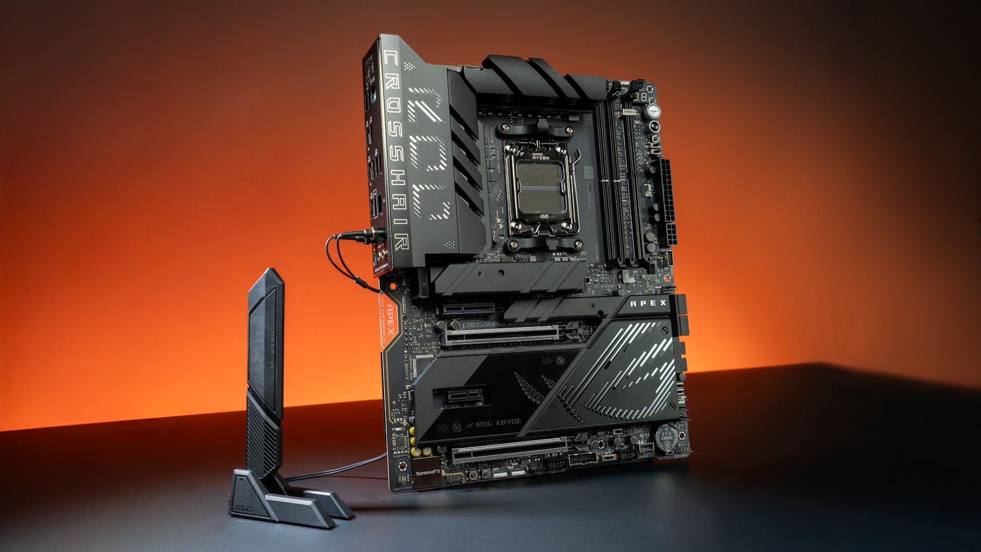 The ROG Crosshair X870E Apex motherboard with the ASUS WiFi Q-Antenna attached