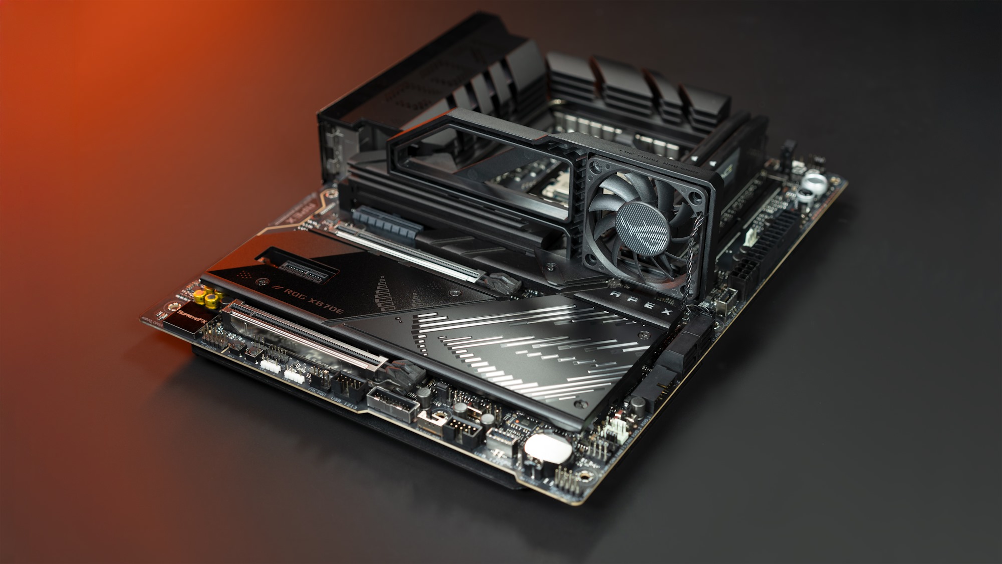 The ROG Crosshair X870E Apex with its optional ROG Memory Fan Kit attached