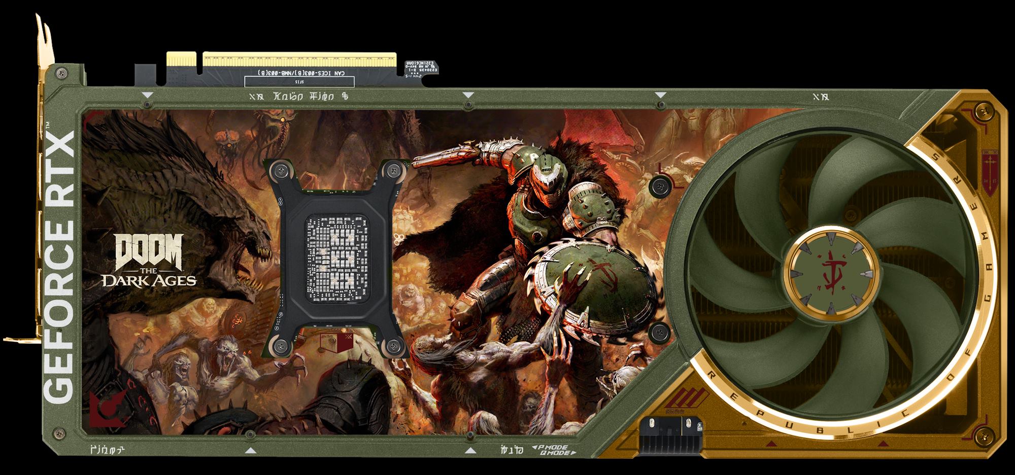 The decorated backplate of this graphics card, with enemies and the protagonist from DOOM: The Dark Ages all visible