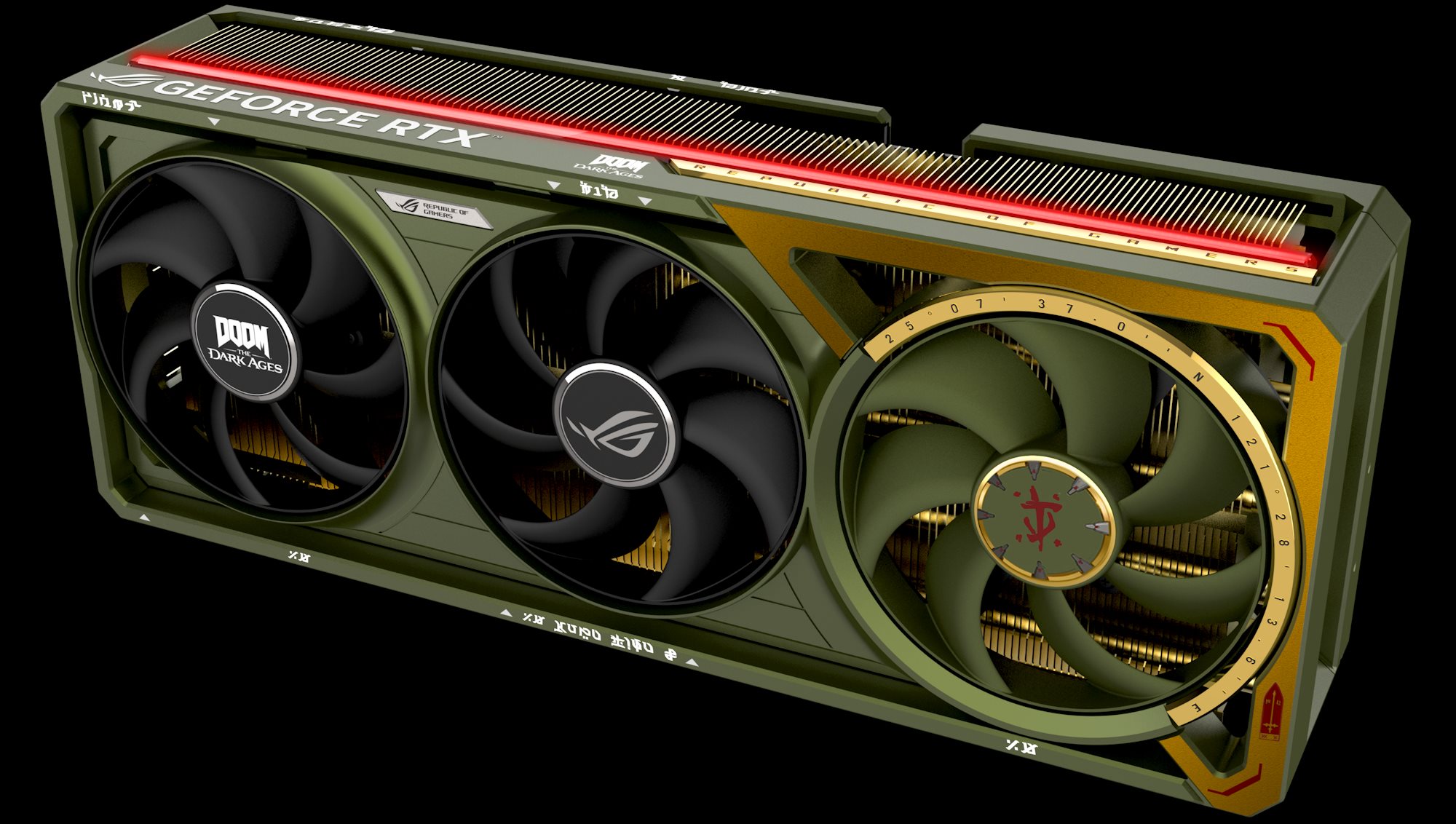 A front angle view of the ROG Astral GeForce RTX 5080 OC DOOM Edition graphics card