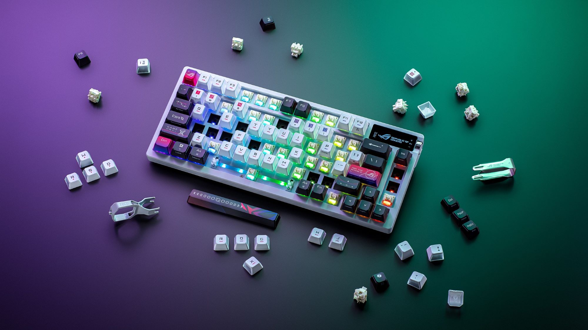 The ROG Azoth X keyboard with its keycaps removed, resting atop a purple-green gradient background.