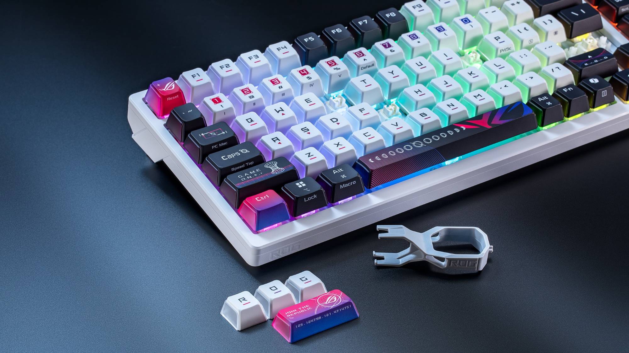 A closeup shot of the ROG Azoth X keyboard's dye-sublimated keycaps.