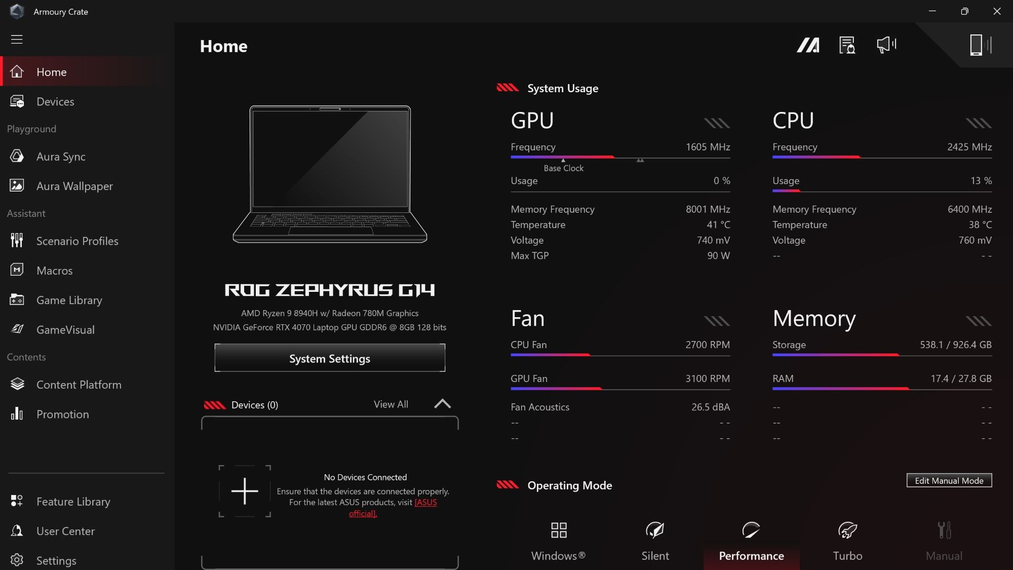 The updated Armoury Crate V6 app homepage showing an ROG Zephyrus G14 laptop's hardware status.