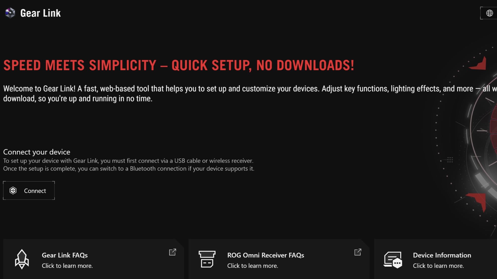 Armoury Crate Gear Link homepage inviting users to connect their devices.