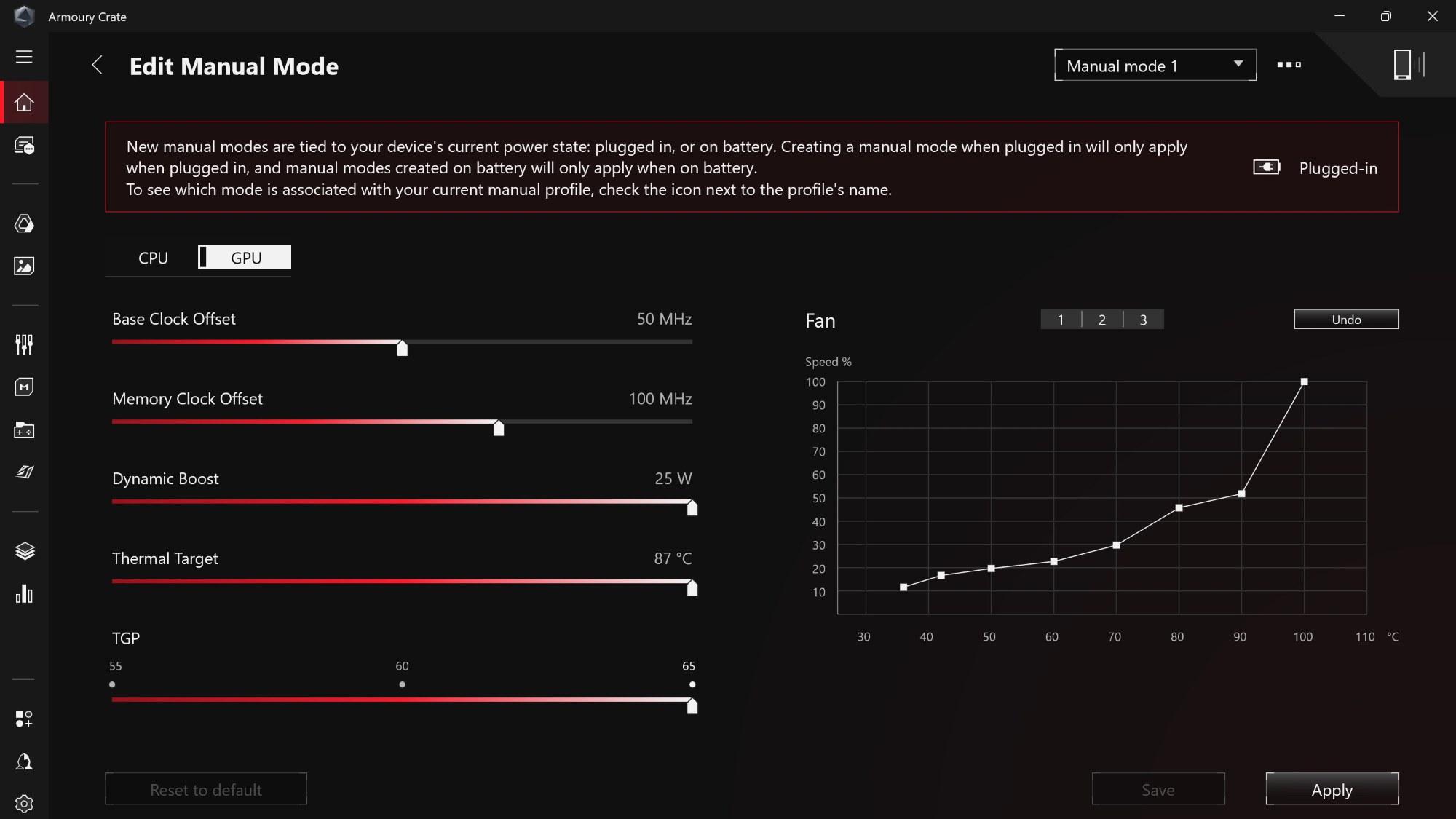 Armoury Crate's manual mode window showcasing laptop GPU parameters and sliders to adjust their values