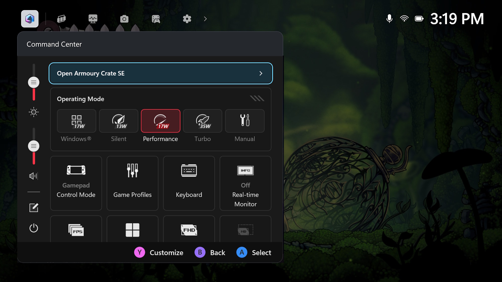 A screenshot of the Armoury Crate SE Command Center in the Xbox Game Bar showing different performance modes.