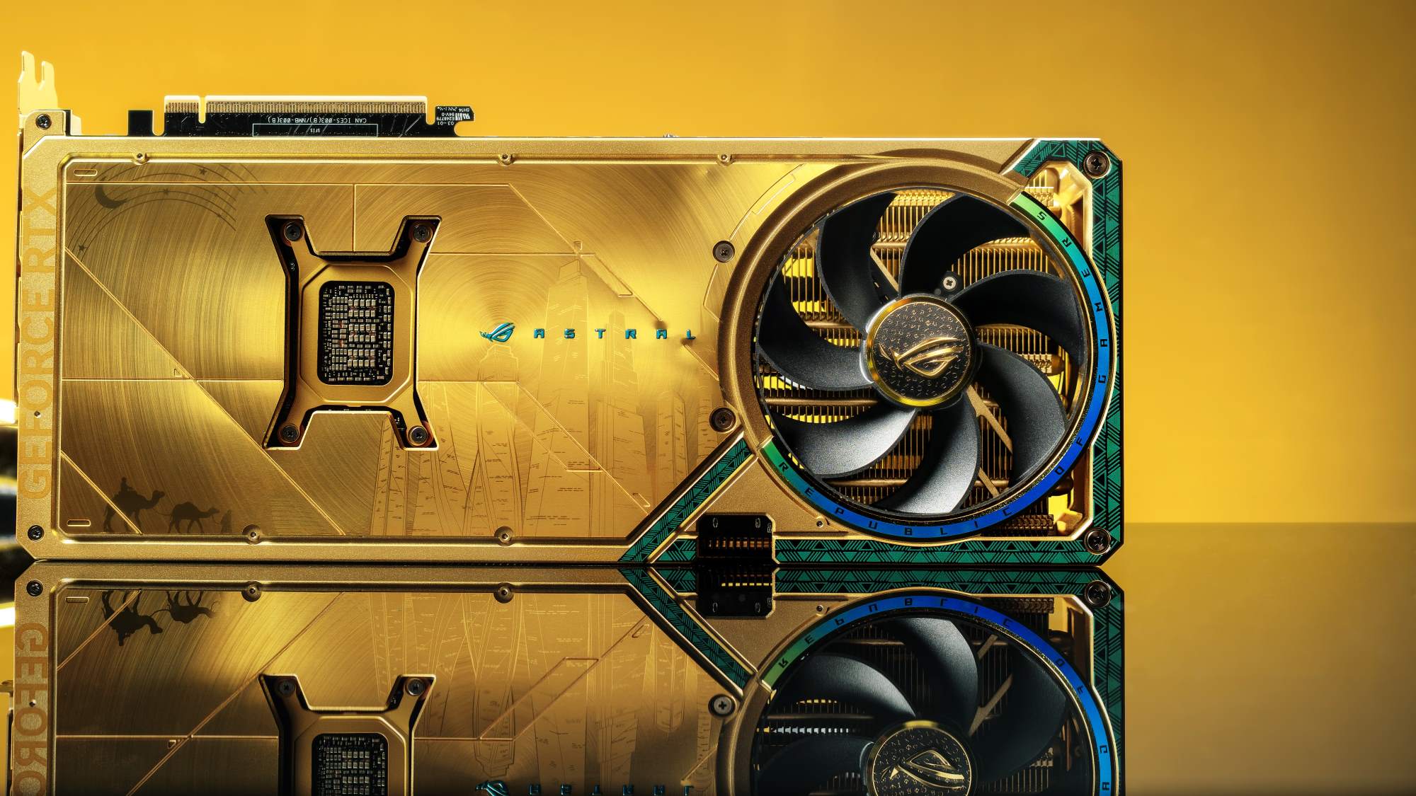 A ROG Astral 5080 Dhahab CORE on its side.
