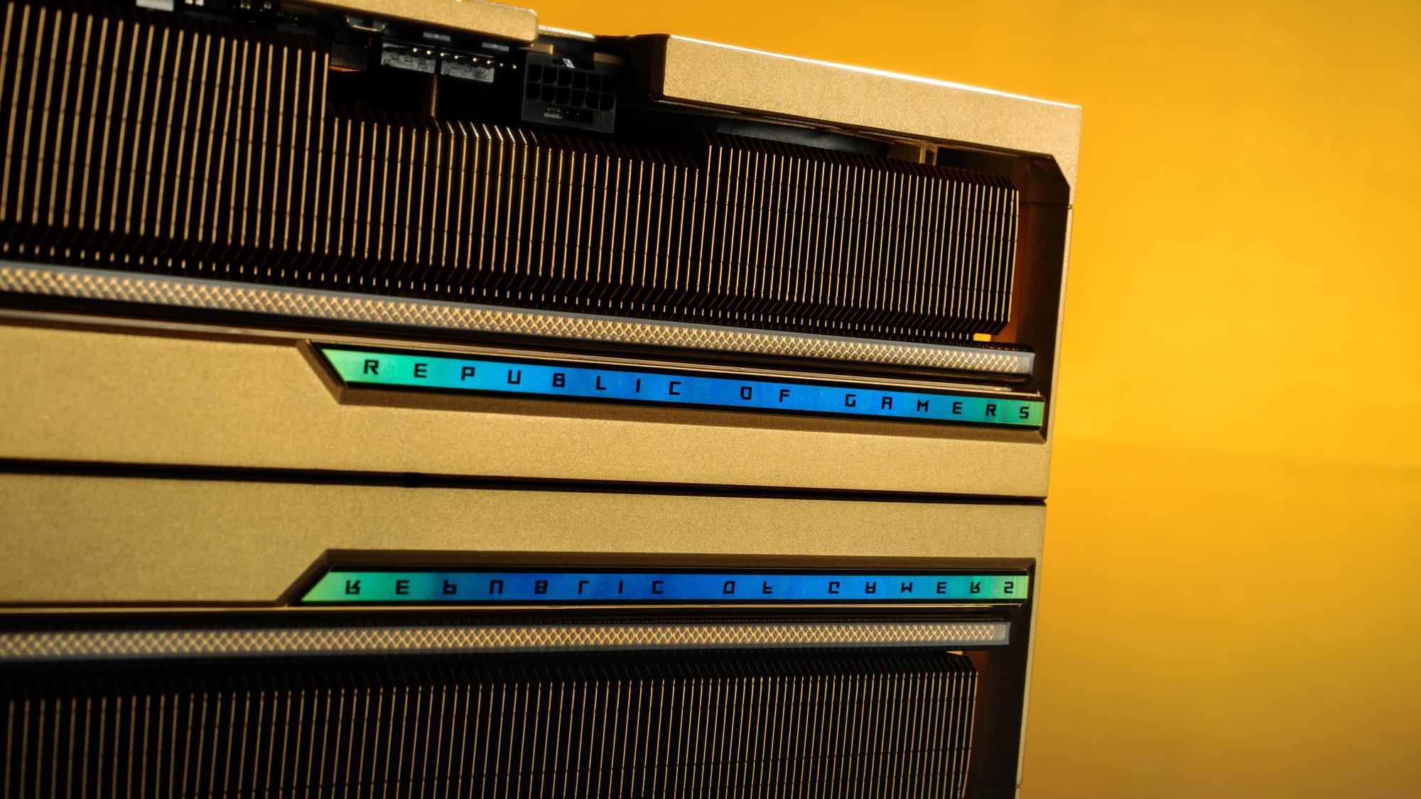 A closeup of the ROG Astral 5080 Dhahab CORE's fins.
