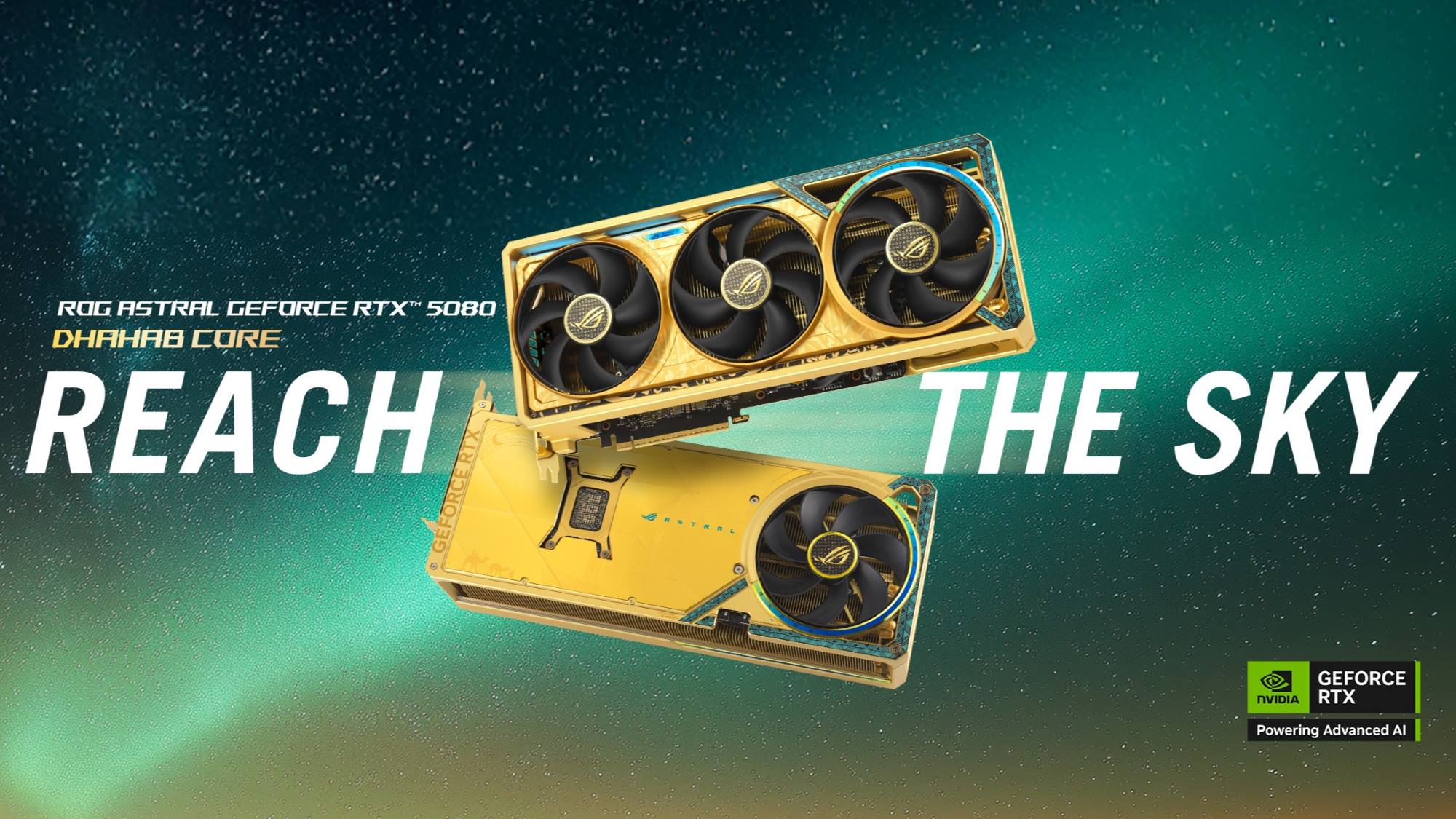 The ROG Astral 5080 Dhahab CORE against a green aurora borealis background alongside the text Reach the Sky.