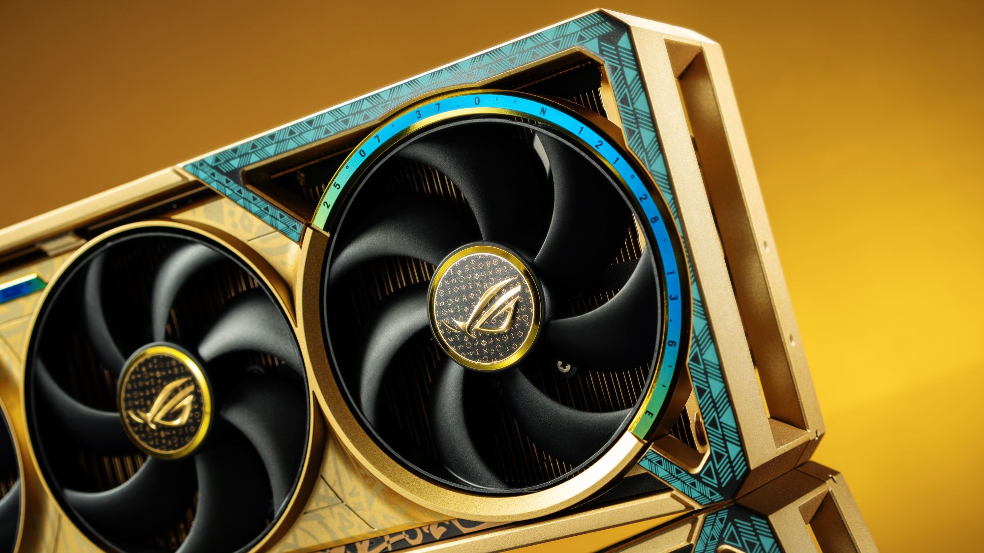 A closeup of the ROG Astral 5080 Dhahab CORE design's cyan accents.