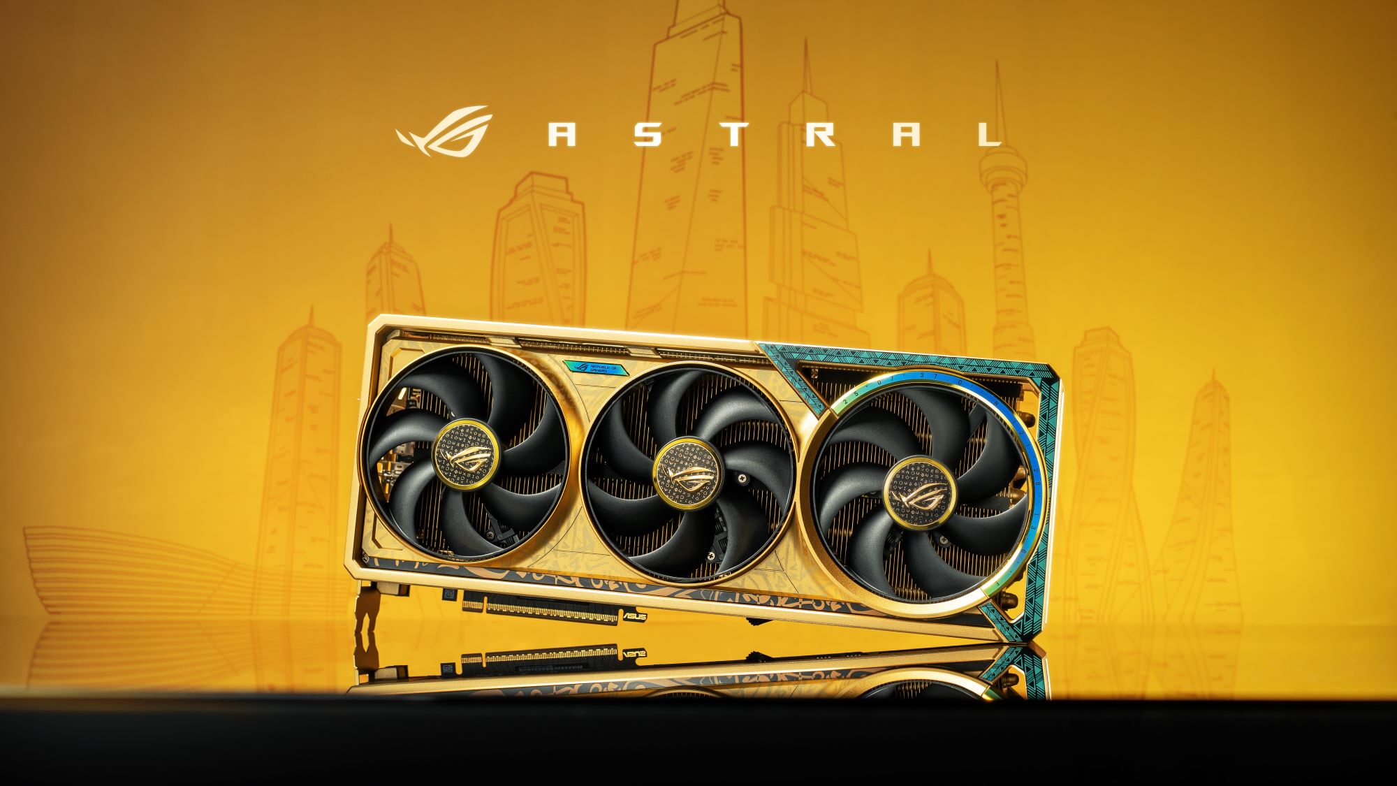 The ROG Astral 5080 Dhahab CORE on its side, showing its fans, against a golden backdrop.