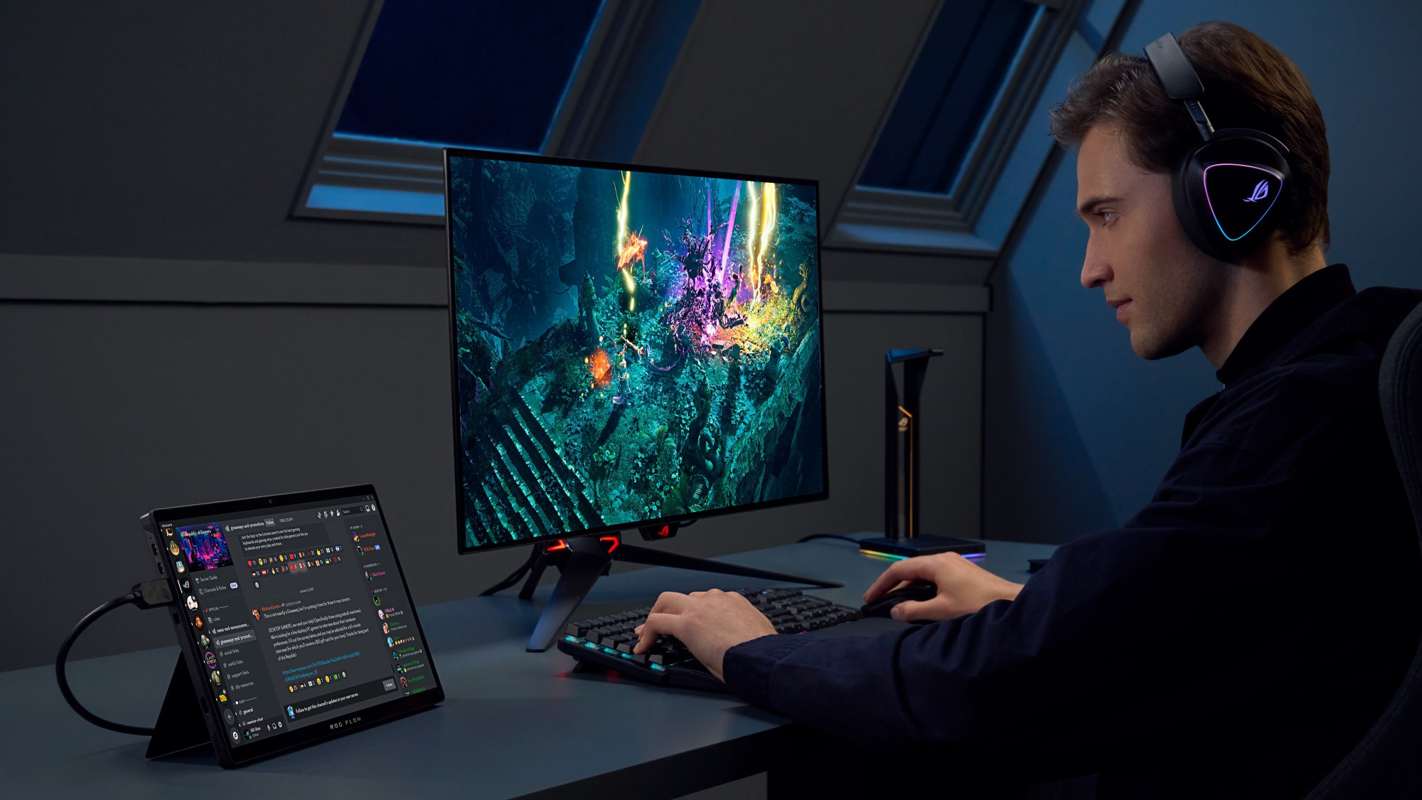 The ROG Flow Z13 connected to an external display with a man playing games