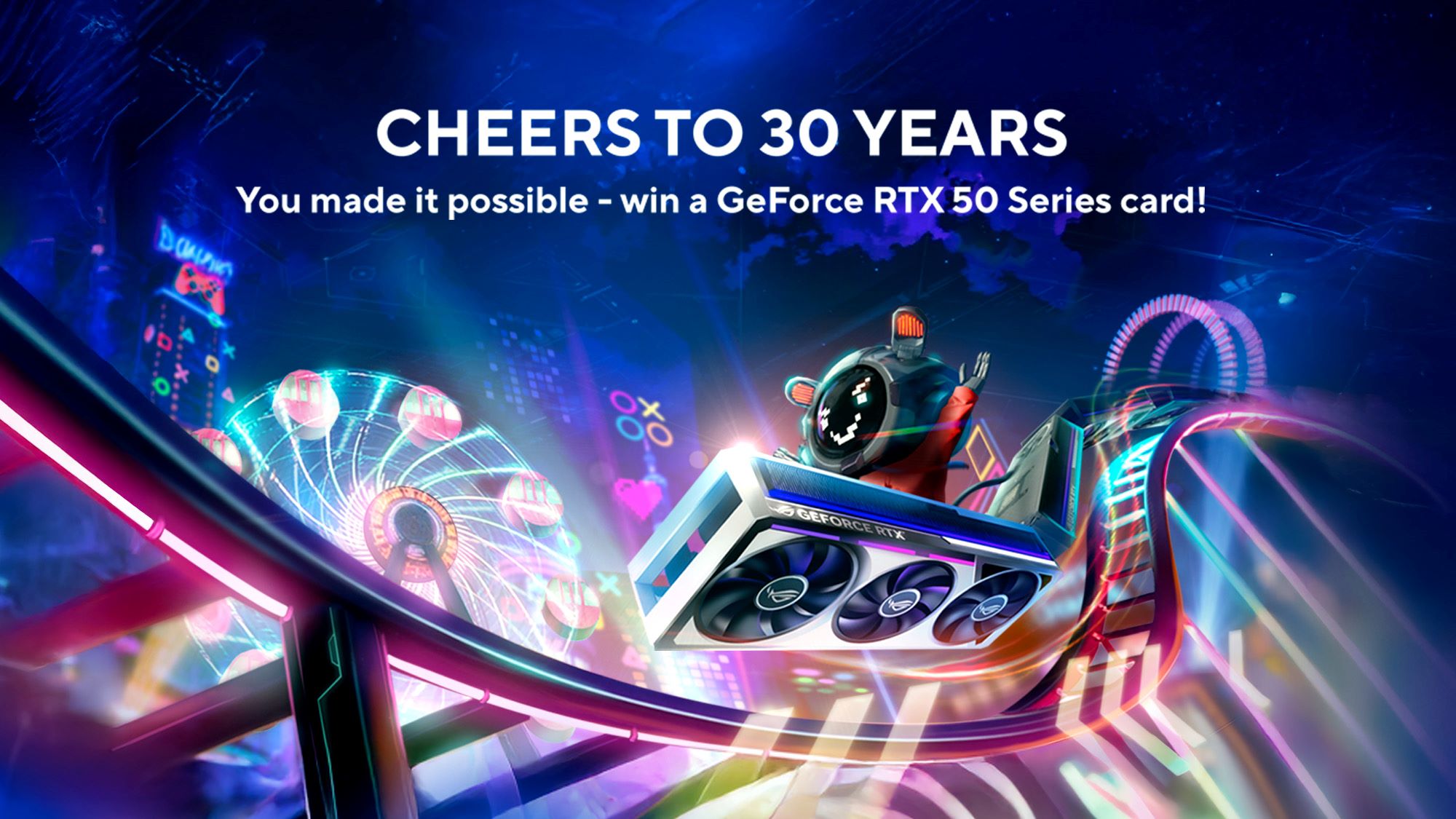 A campaign banner featuring Omni and graphics cards, celebrating 30 years of ASUS GPUs.