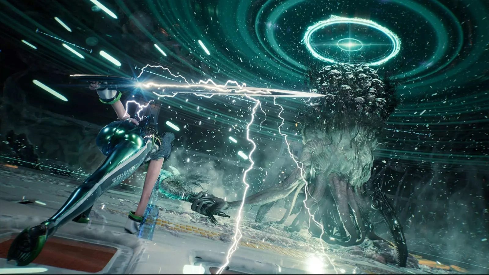 A screenshot of Stellar Blade showing protagonist EVE combating a creature with an electrified sword.
