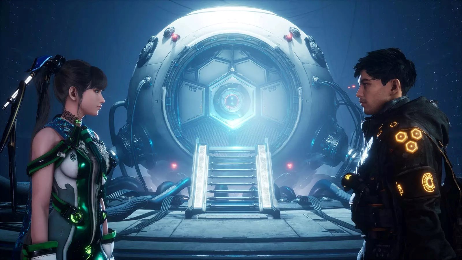 A screenshot of Stellar Blade showing protagonist EVE having a conversation with a companion.