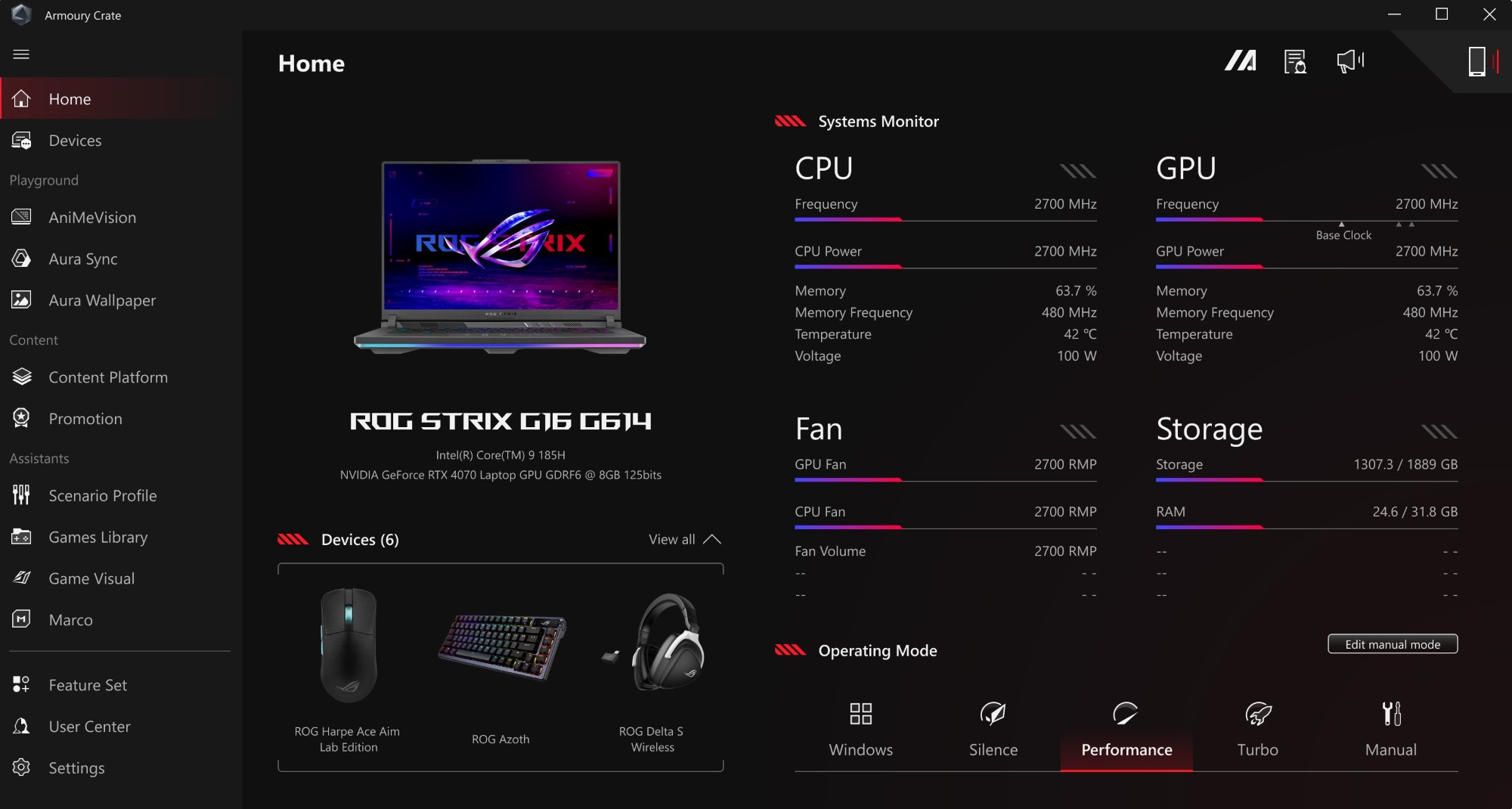 A screenshot of Armoury Crate in Performance Mode