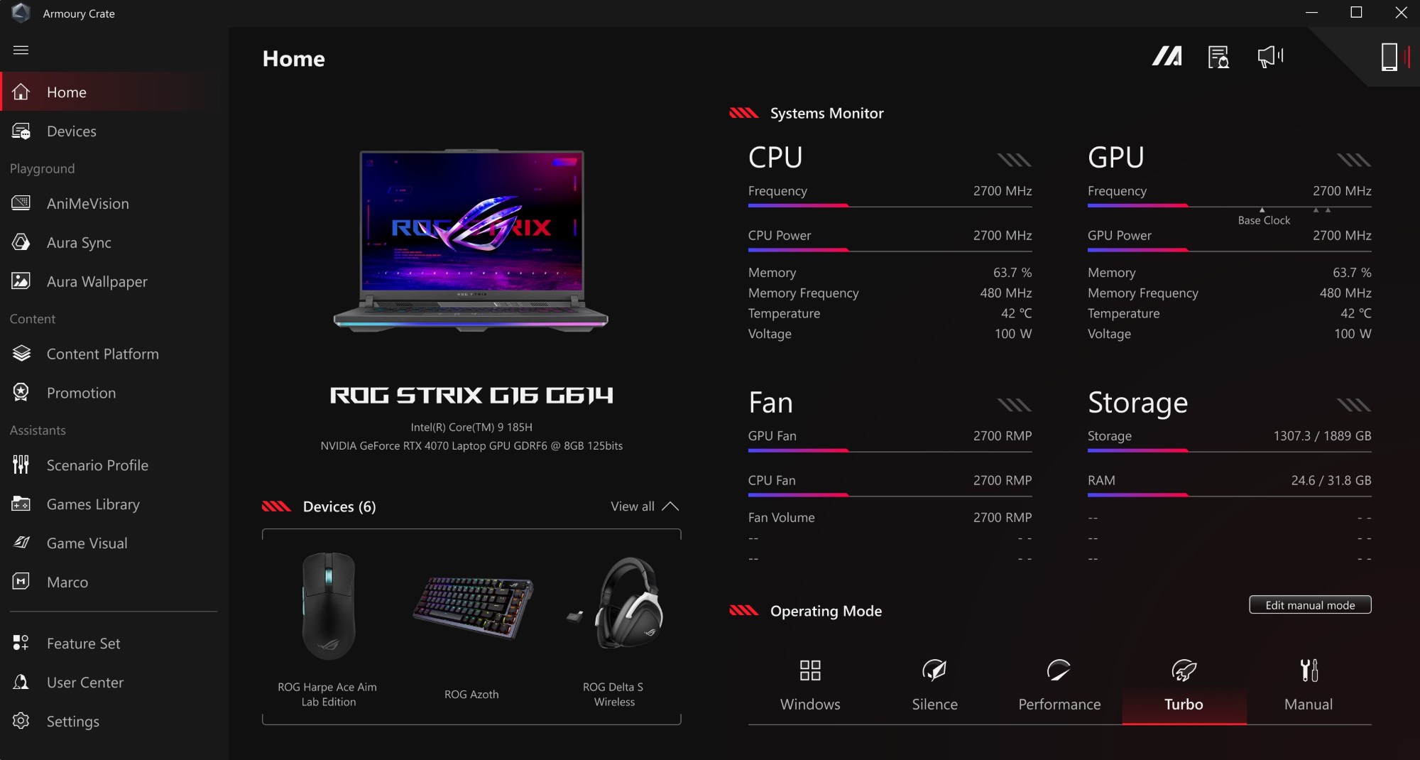 A screenshot of Armoury Crate in Turbo Mode