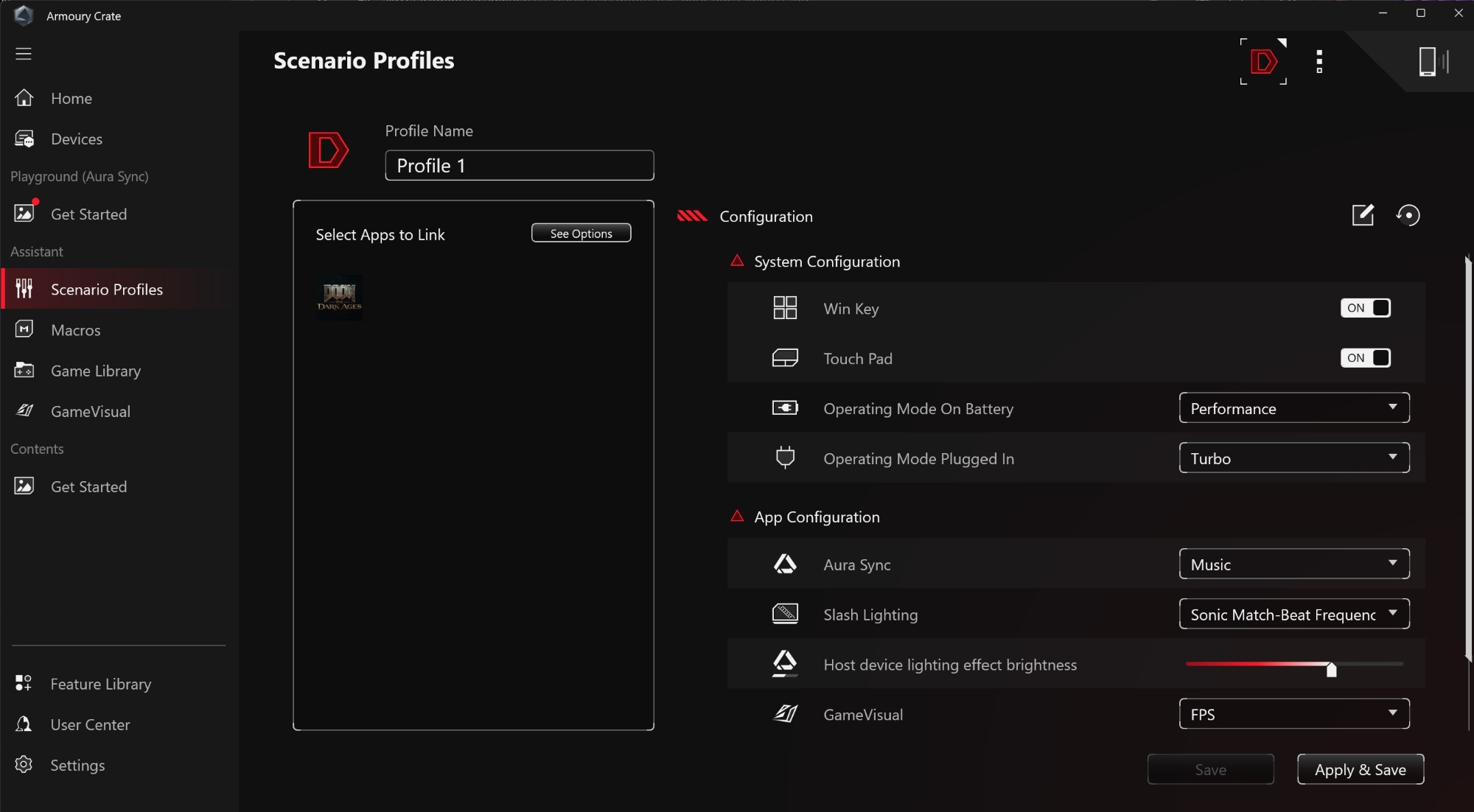 A screenshot of Armoury Crate's Scenario Profiles feature.