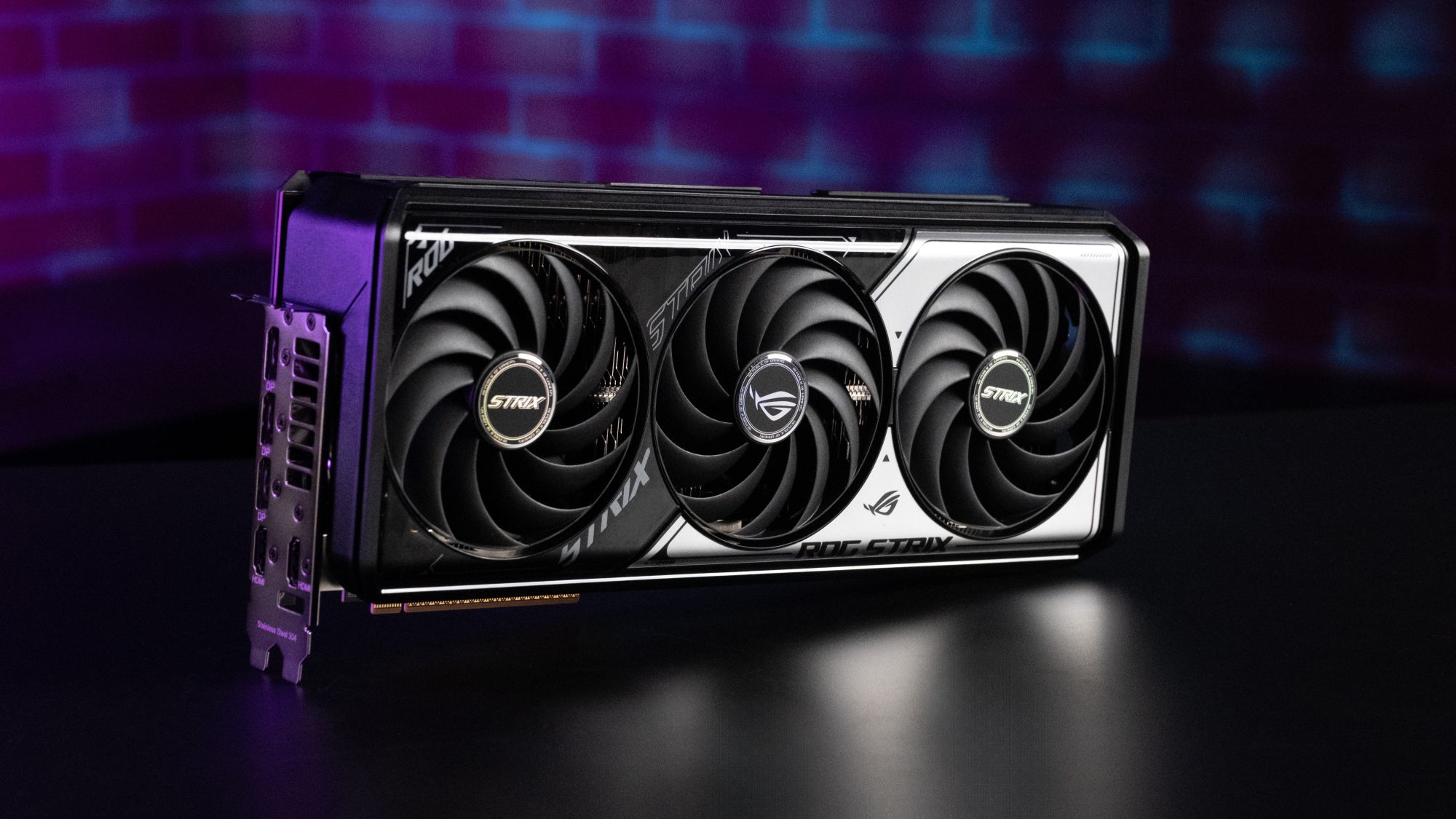 A front view of the ROG Strix GeForce RTX 5070 Ti on a table