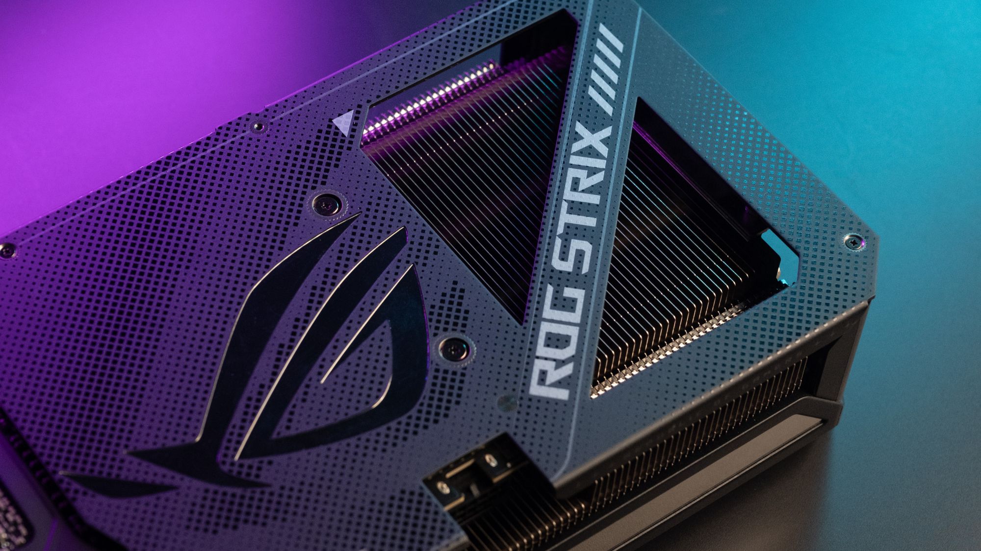 A close-up view of the ROG Strix GeForce RTX 5070 Ti pass-through vent on the backplate