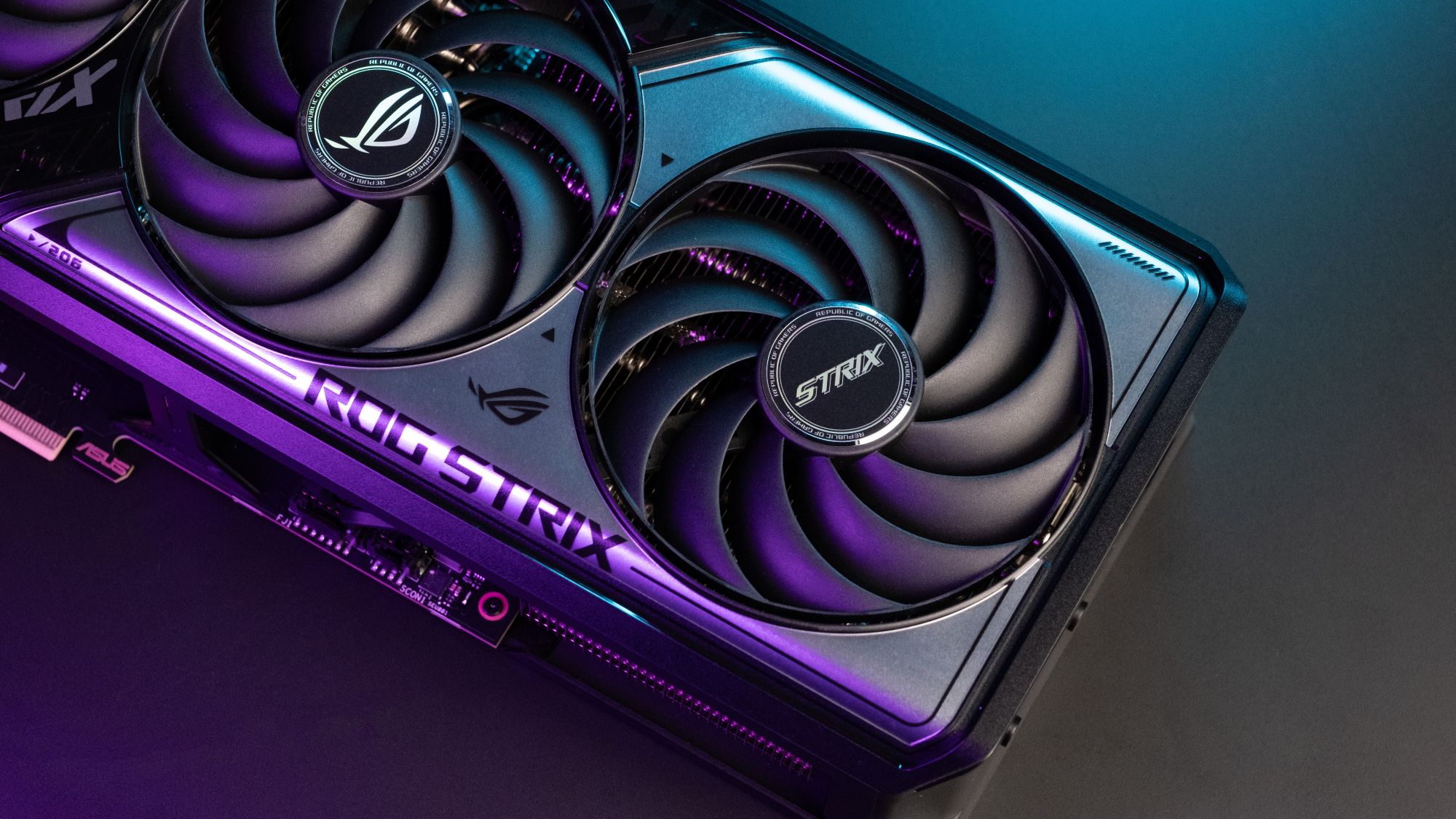 A close-up view of the ROG Strix GeForce RTX 5070 Ti Axial-Tech fan