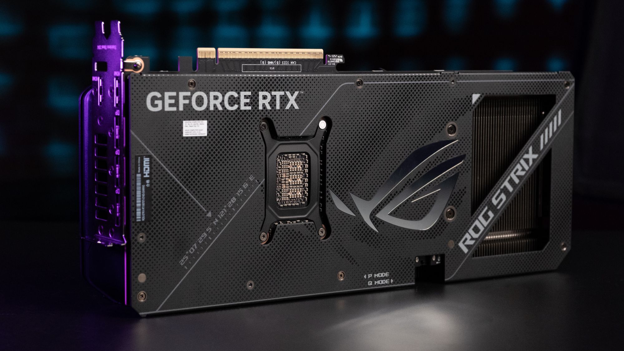 A rear view of the ROG Strix GeForce RTX 5070 Ti on a table